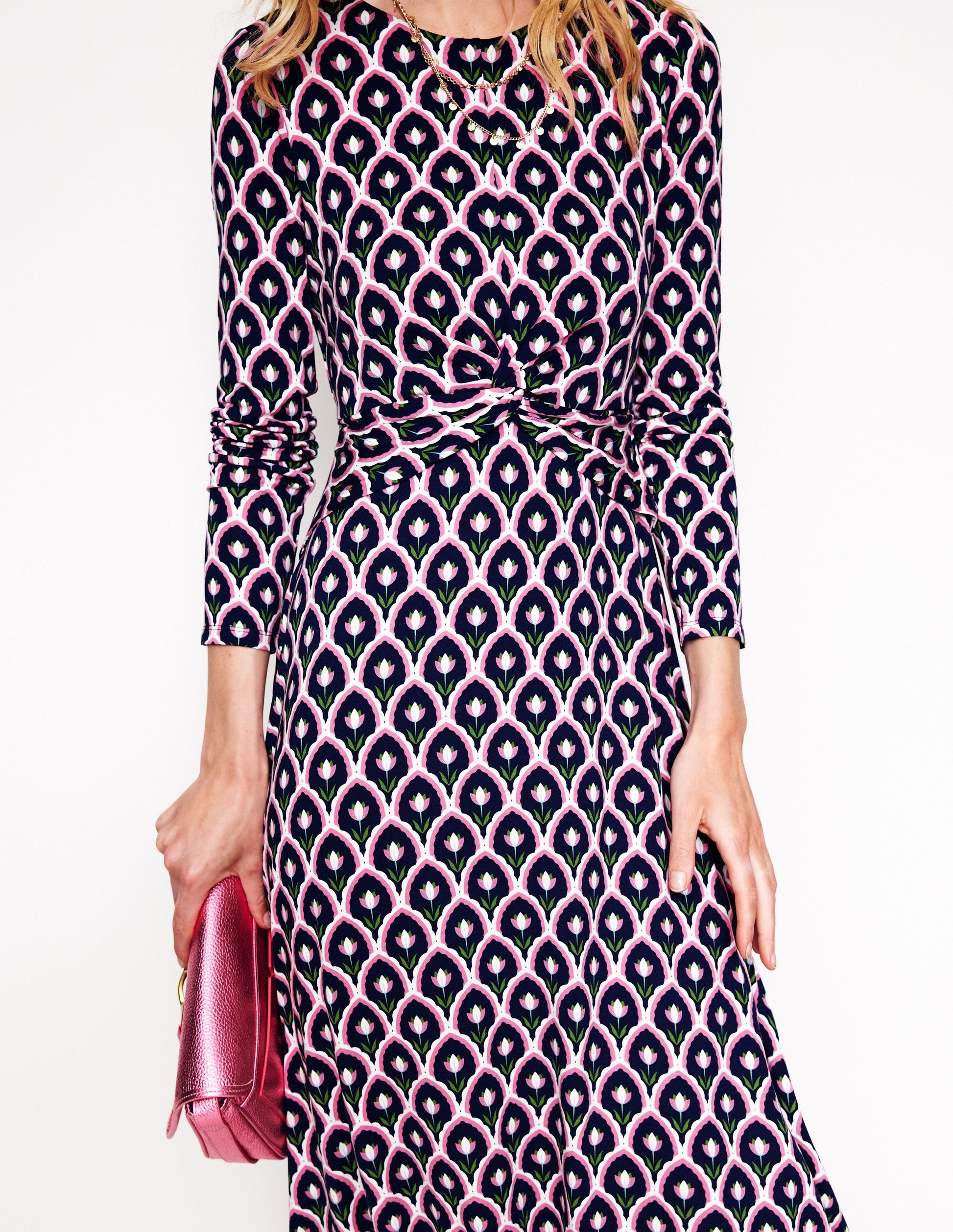 Twisted Waist Jersey Dress-Navy, Tulip Scallop-2