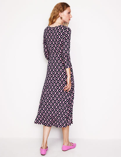 Twisted Waist Jersey Dress-Navy, Tulip Scallop-3
