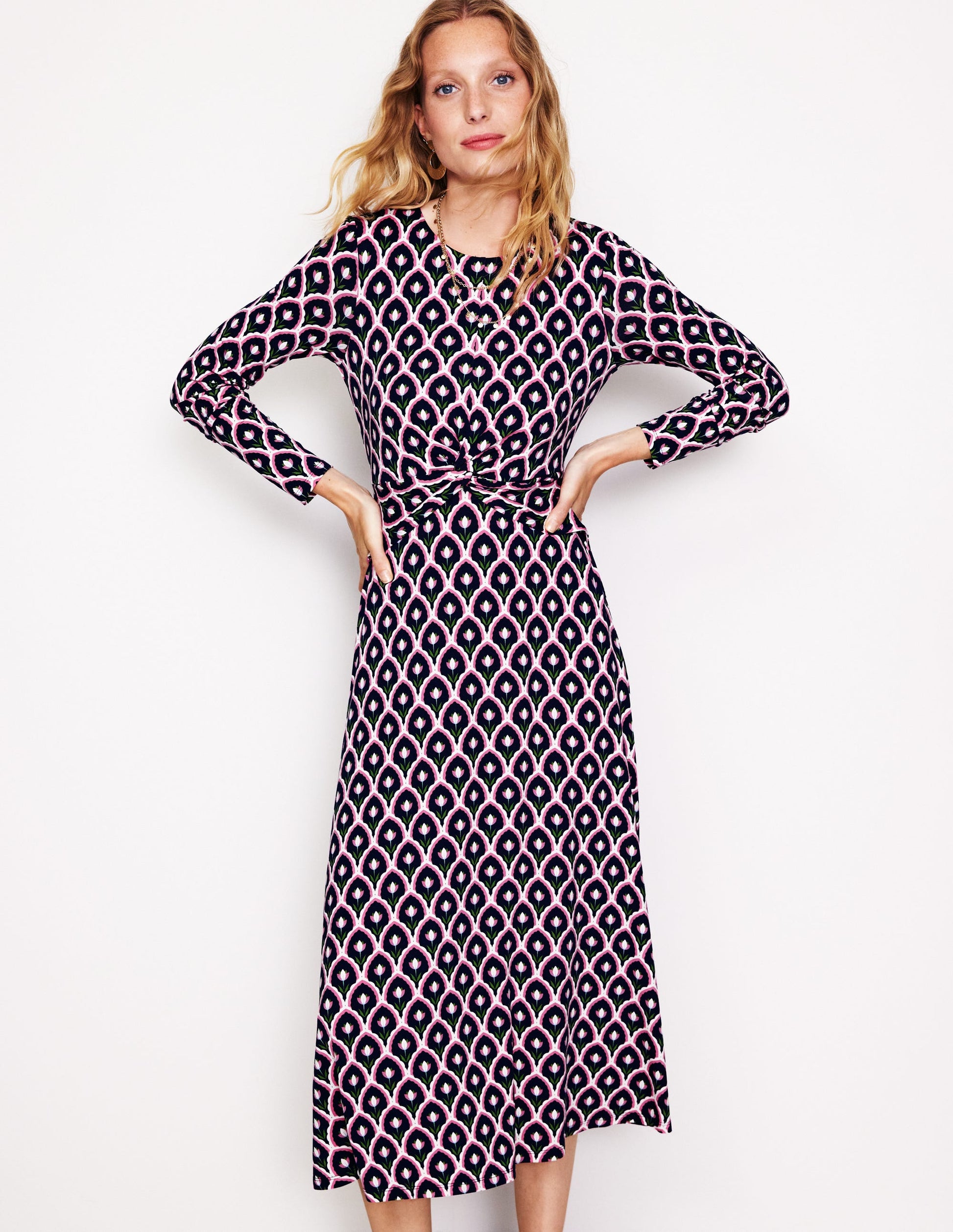 Twisted Waist Jersey Dress-Navy, Tulip Scallop-4