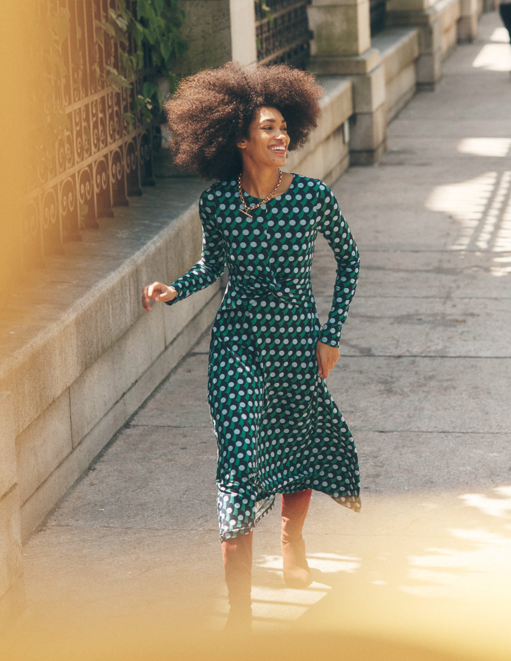 Twisted Waist Jersey Dress-Navy, Polka Wave - Image 5