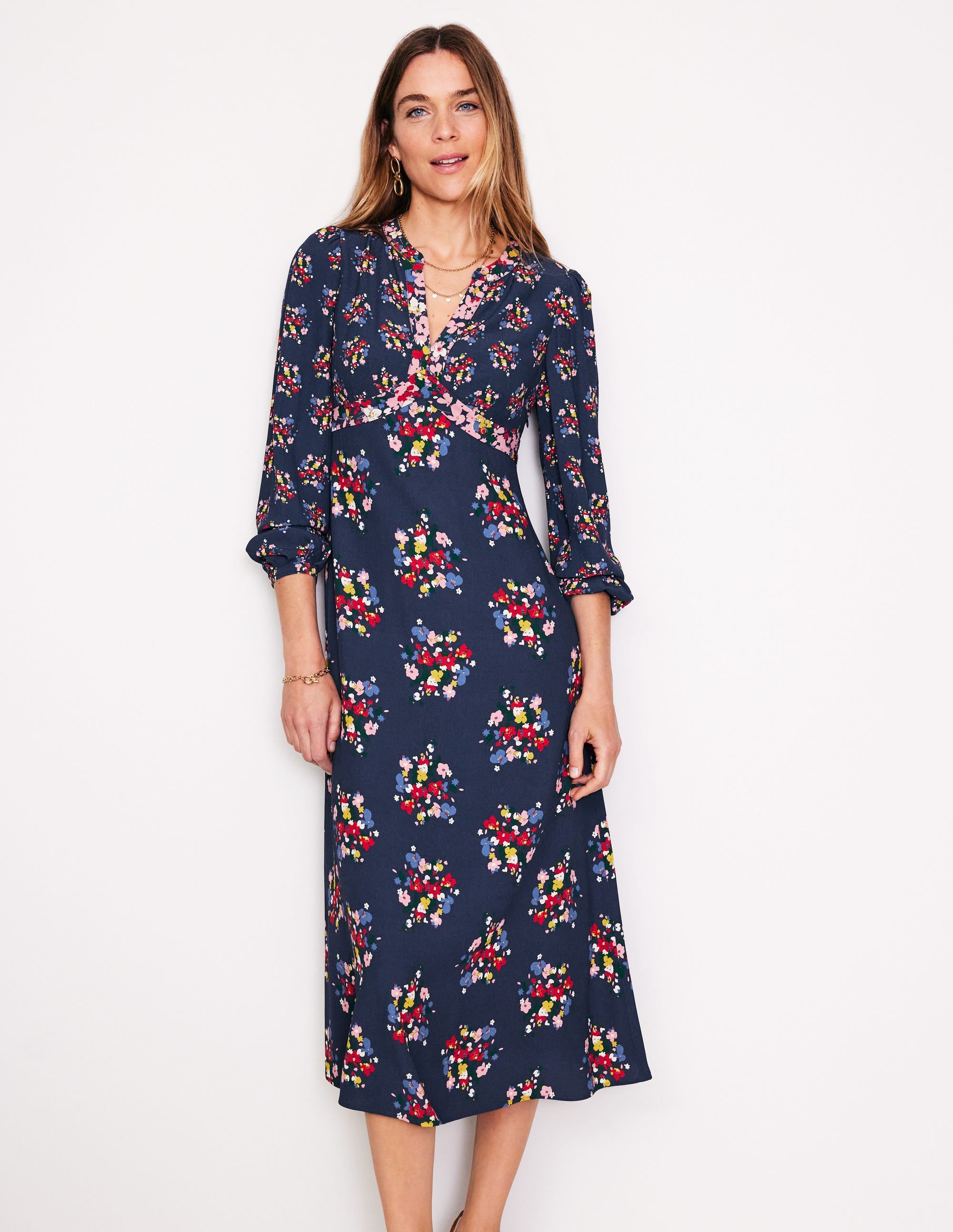 Imelda Border Print Midi Dress-French Navy, Poppy Bouquet - Image 1