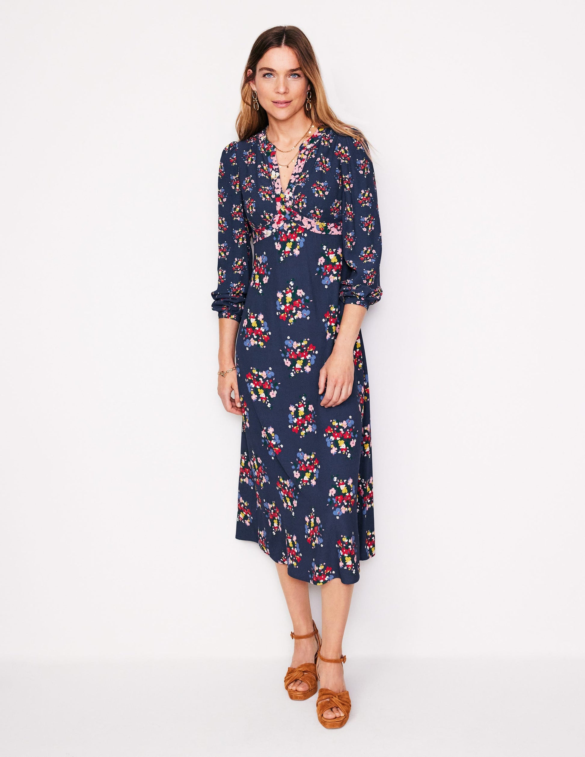 Imelda Border Print Midi Dress-French Navy, Poppy Bouquet-4