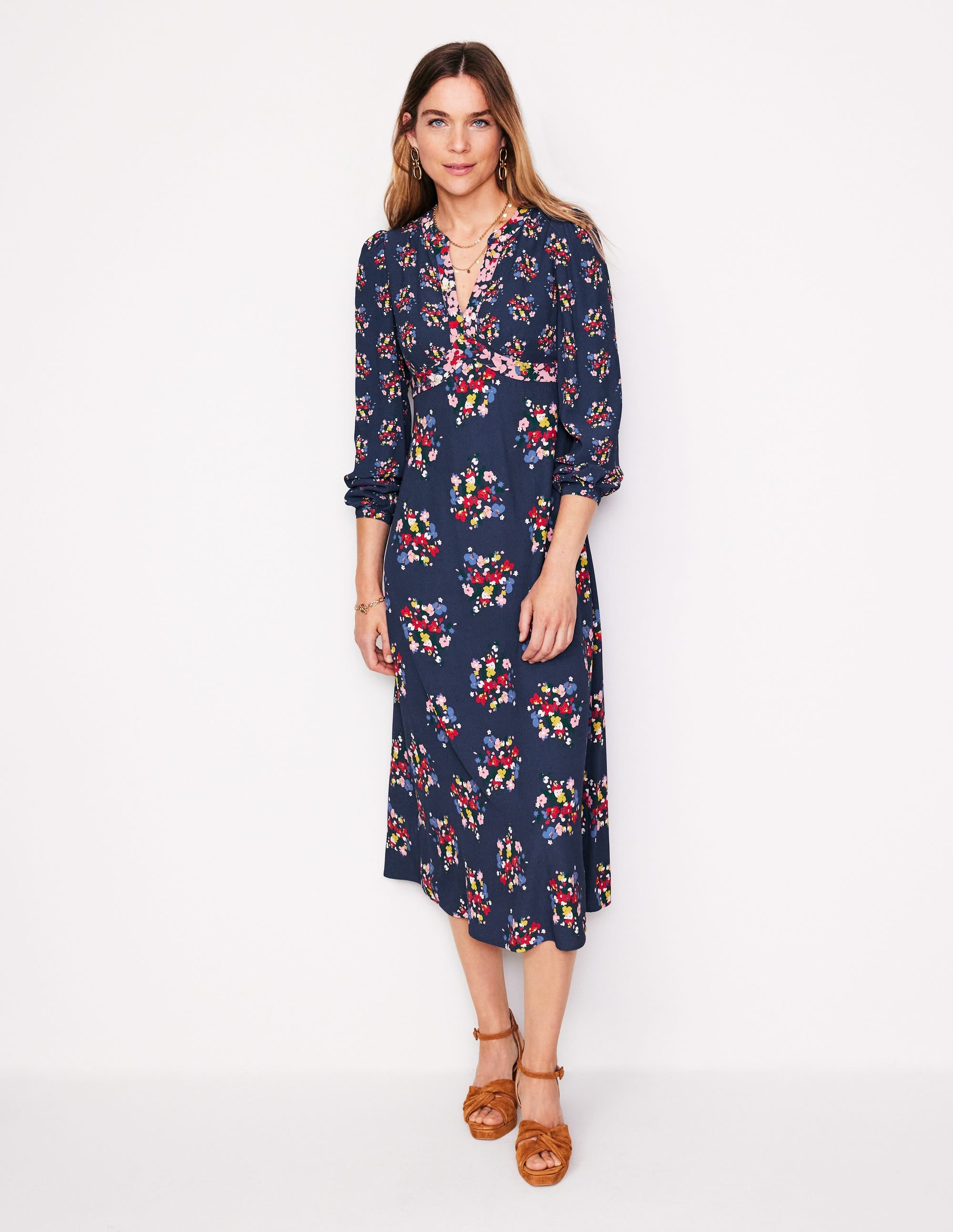 Imelda Border Print Midi Dress-French Navy, Poppy Bouquet - Image 4