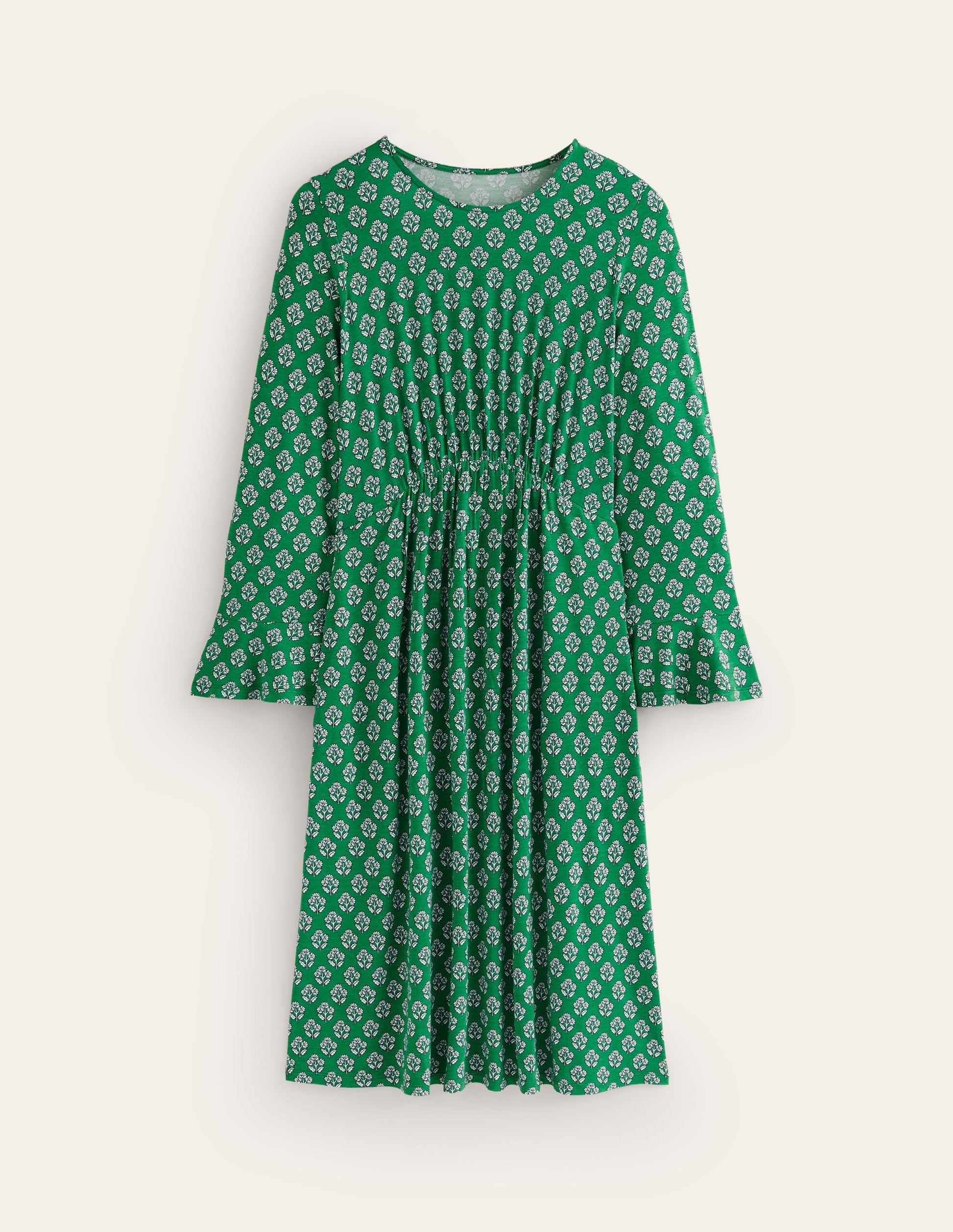 Flute Sleeve Jersey Dress-Rich Emerald, Pome Stamp-5