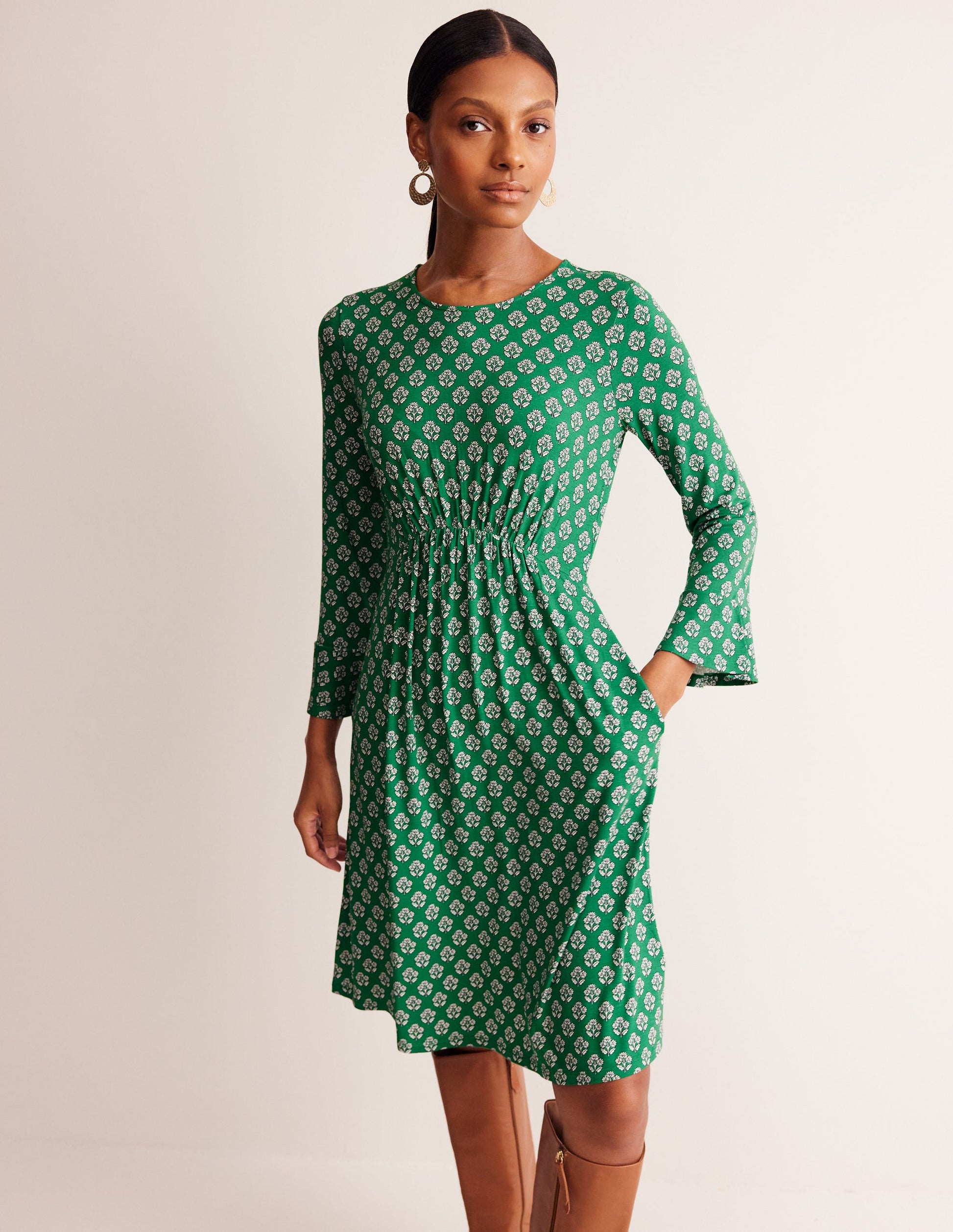 Flute Sleeve Jersey Dress-Rich Emerald, Pome Stamp-1