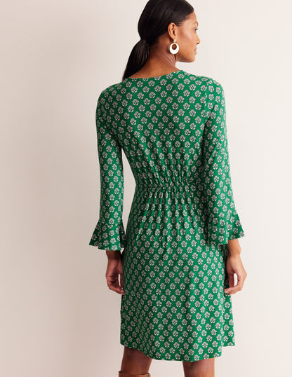Flute Sleeve Jersey Dress-Rich Emerald, Pome Stamp-3