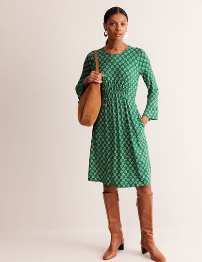 Flute Sleeve Jersey Dress-Rich Emerald, Pome Stamp-4