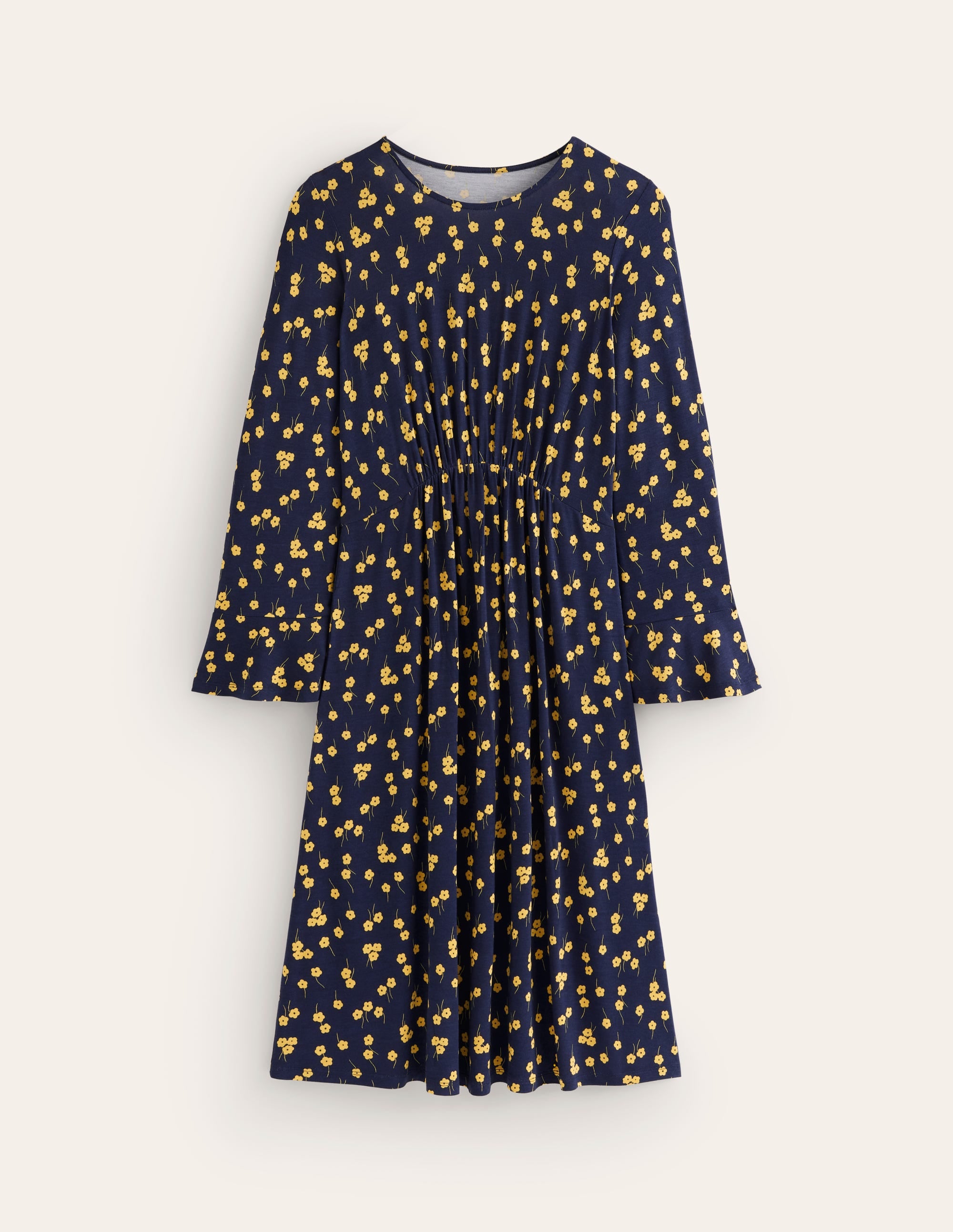 Flute Sleeve Jersey Dress-Soft Canary, Fall Sprig - Image 5