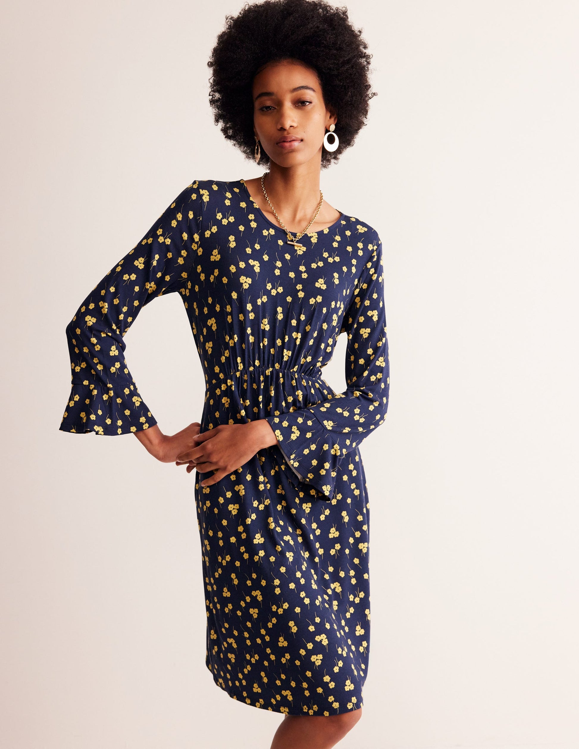 Flute Sleeve Jersey Dress-Soft Canary, Fall Sprig-1