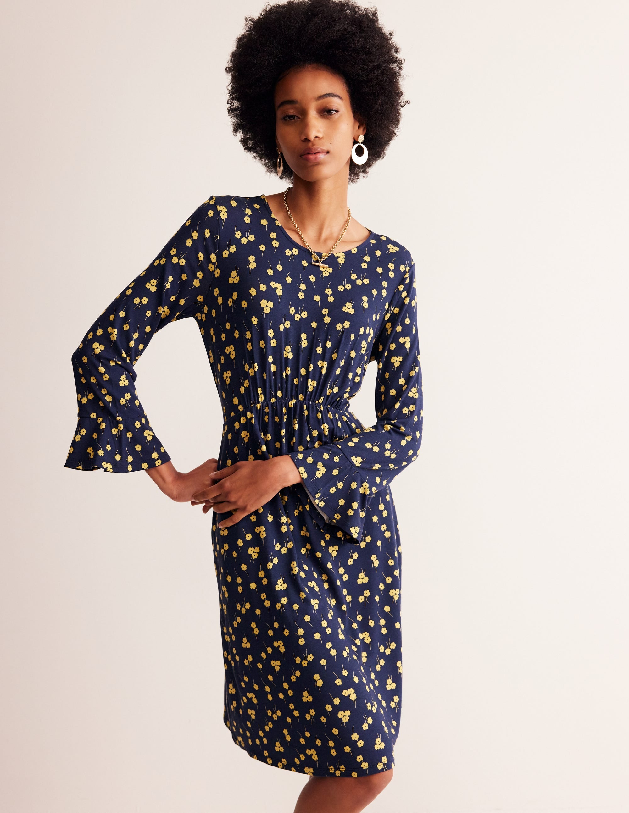 Flute Sleeve Jersey Dress-Soft Canary, Fall Sprig - Image 1