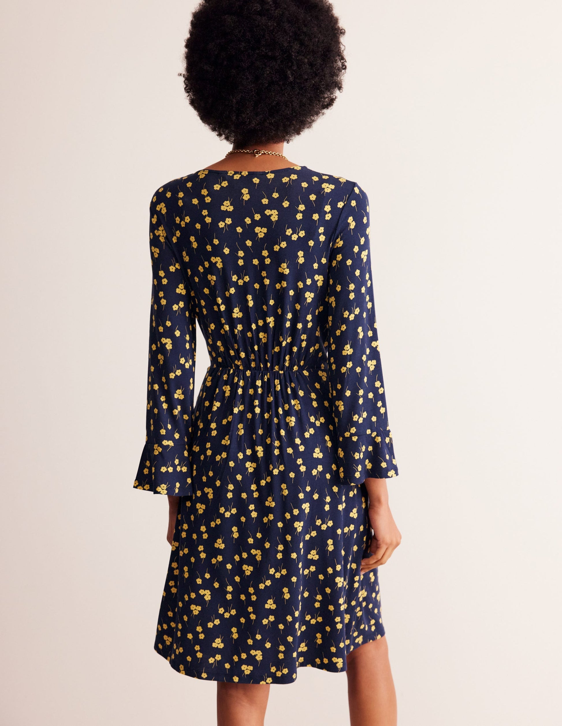 Flute Sleeve Jersey Dress-Soft Canary, Fall Sprig-3