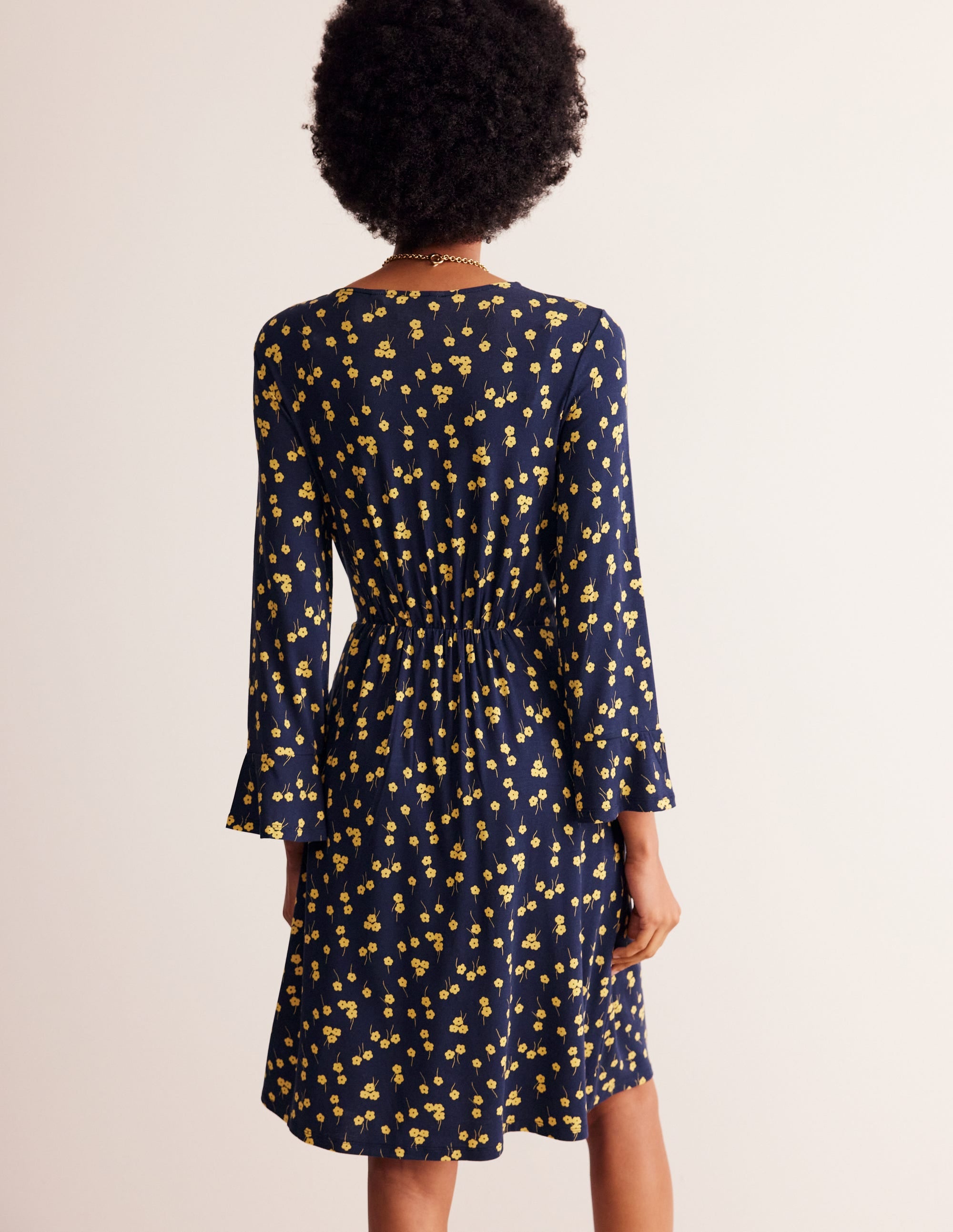 Flute Sleeve Jersey Dress-Soft Canary, Fall Sprig - Image 3