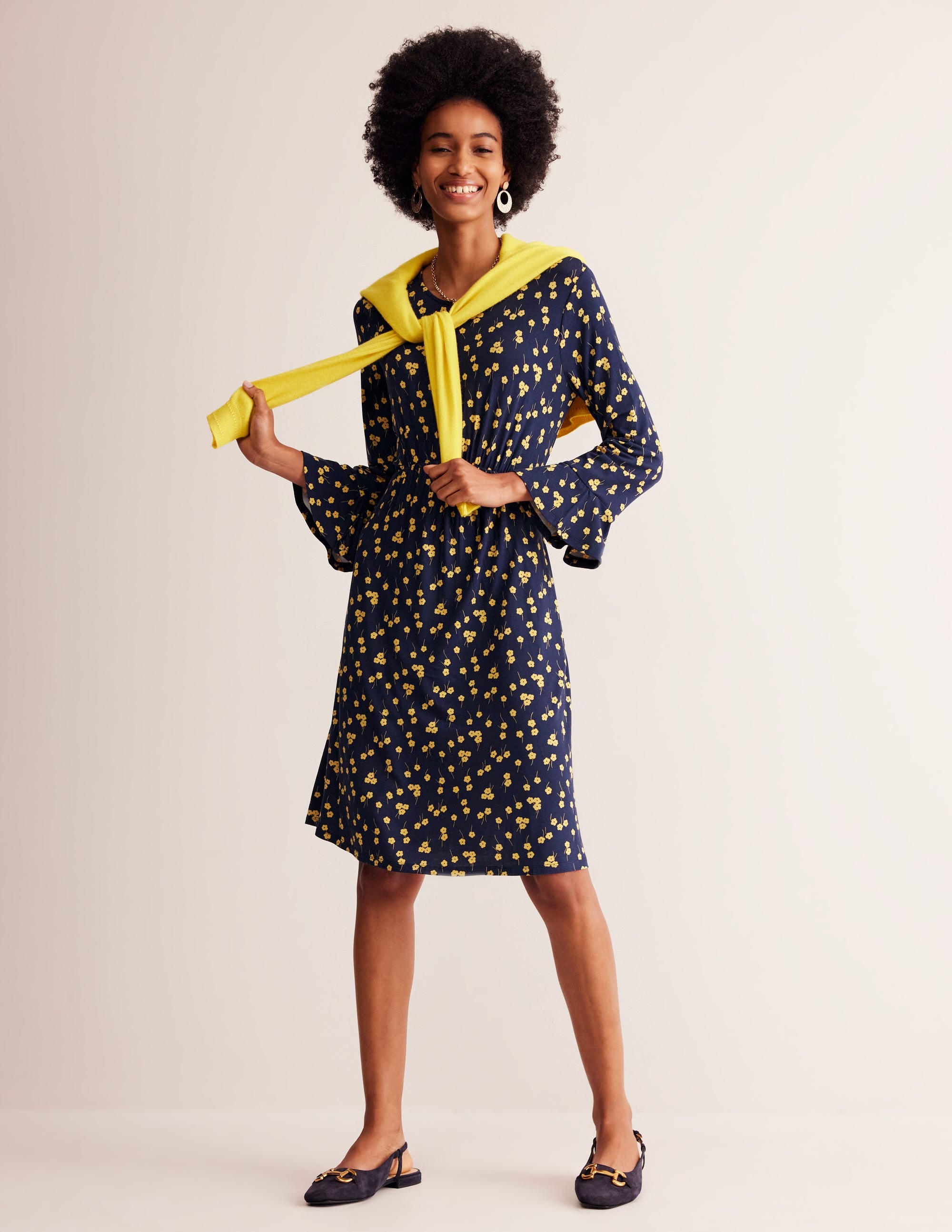 Flute Sleeve Jersey Dress-Soft Canary, Fall Sprig - Image 4