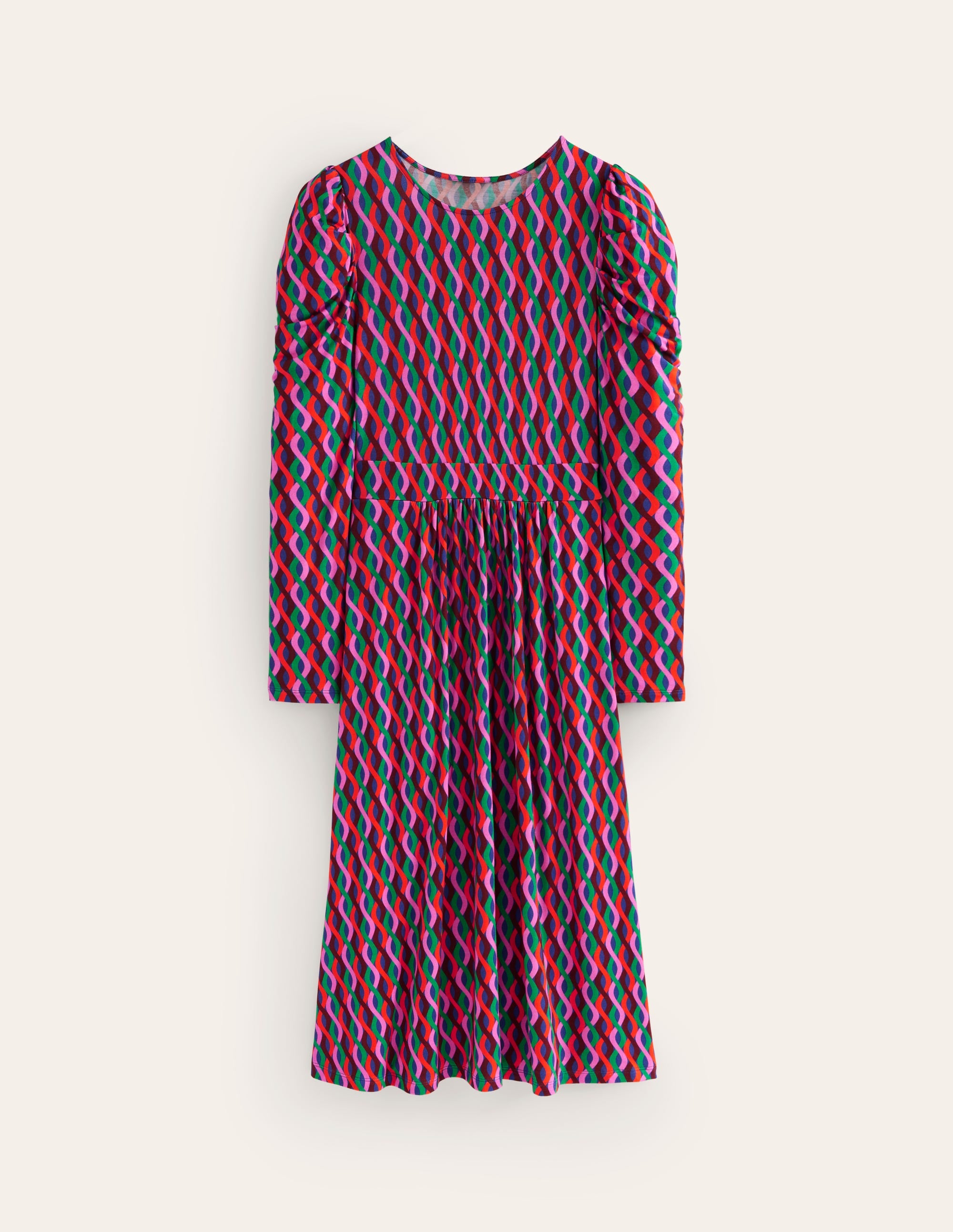 Puff Sleeve Blouson Dress-Pink, Trellis Wave - Image 6