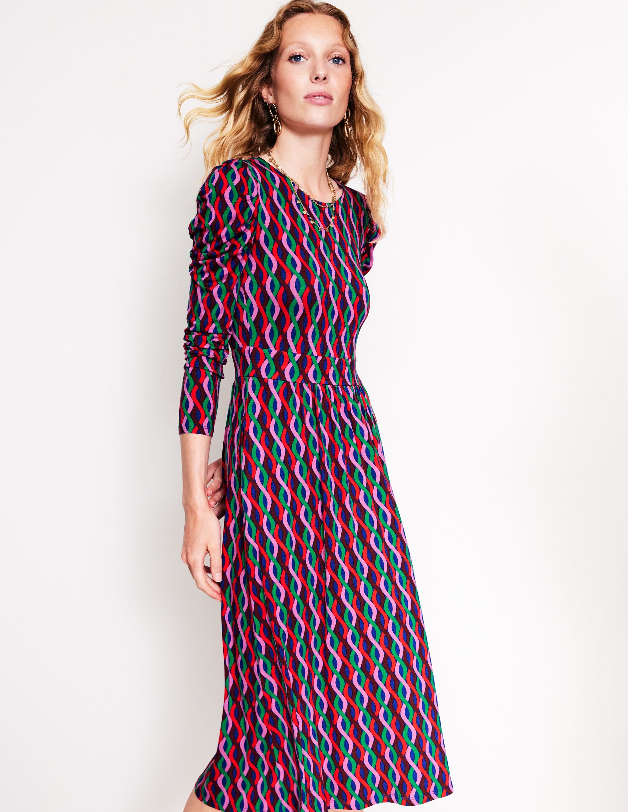 Puff Sleeve Blouson Dress-Pink, Trellis Wave - Image 1