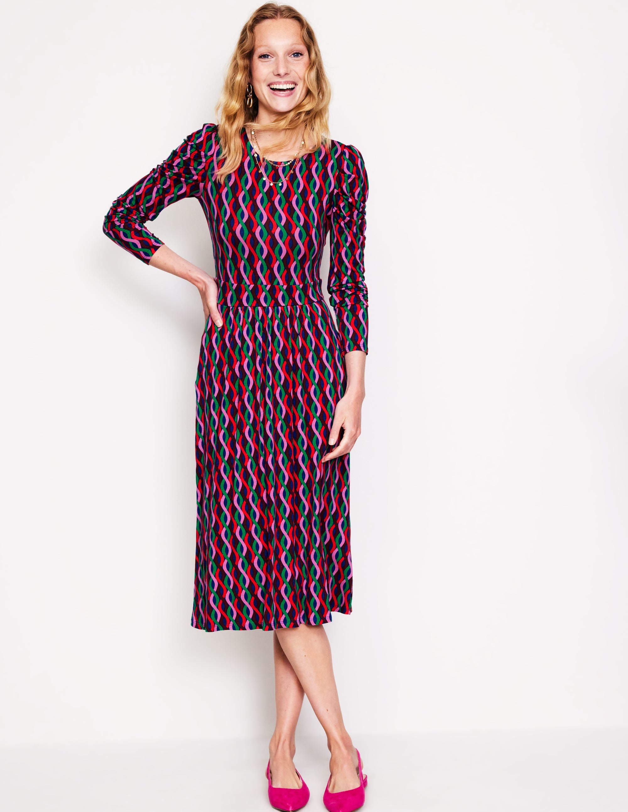 Puff Sleeve Blouson Dress-Pink, Trellis Wave - Image 2