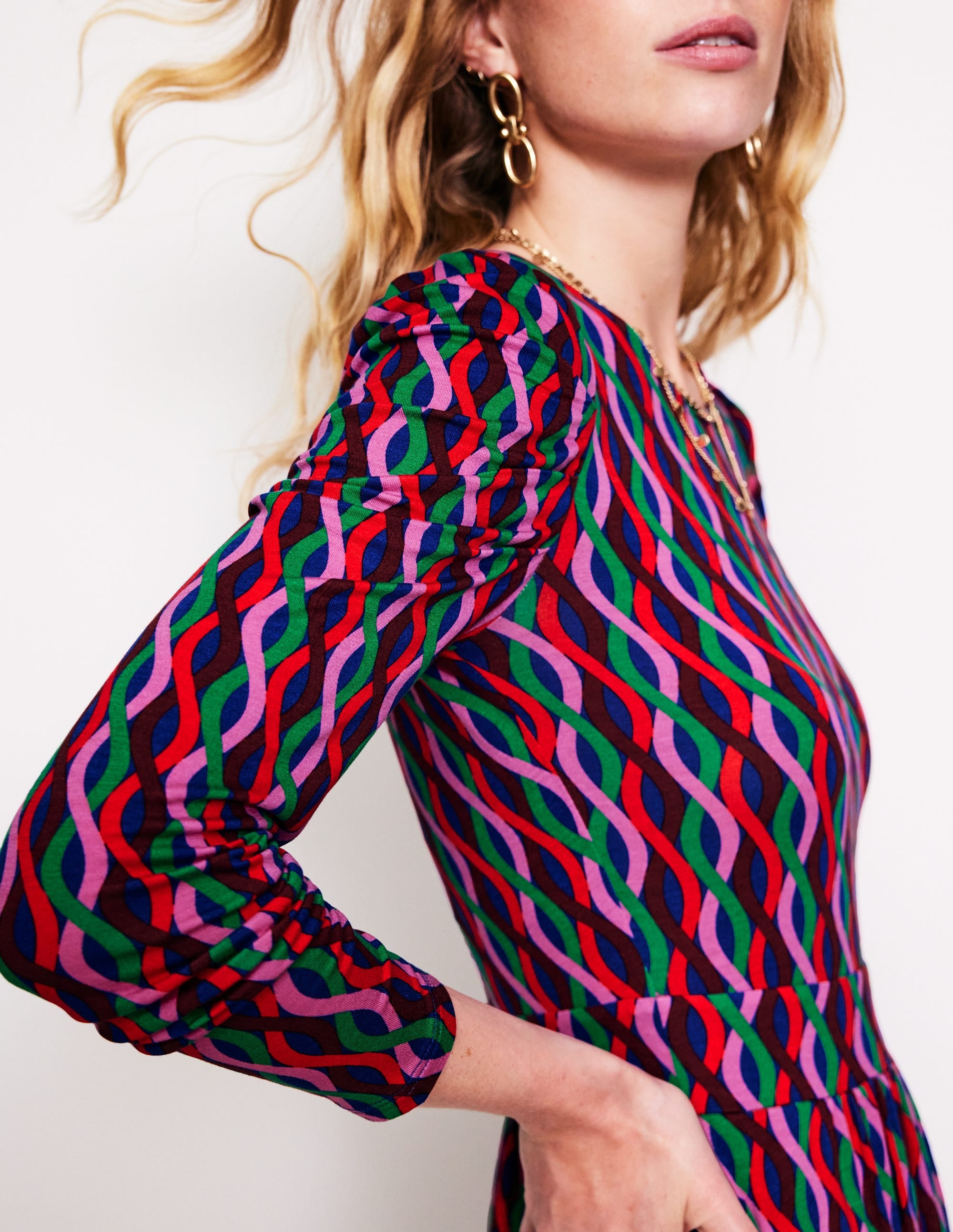 Puff Sleeve Blouson Dress-Pink, Trellis Wave - Image 3
