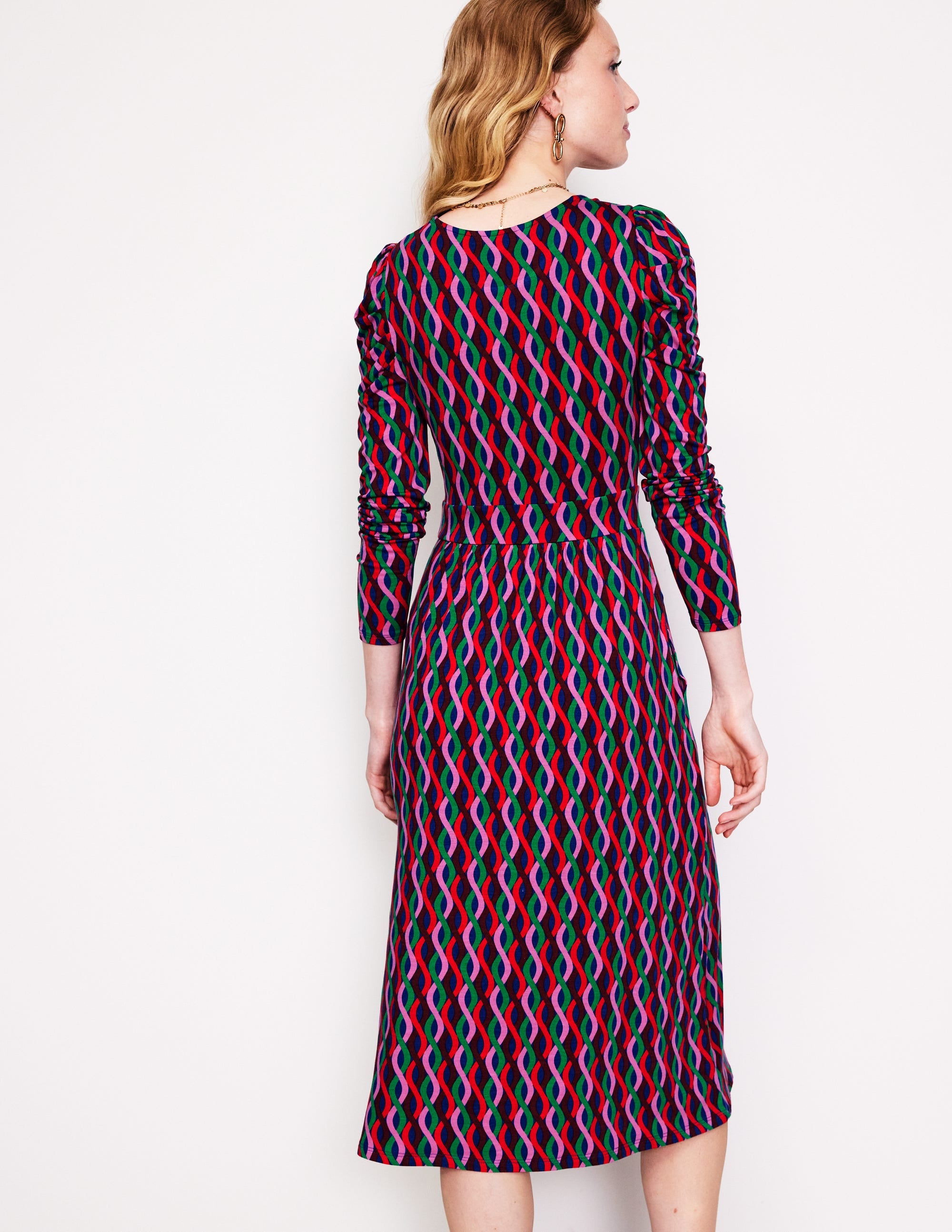 Puff Sleeve Blouson Dress-Pink, Trellis Wave - Image 4