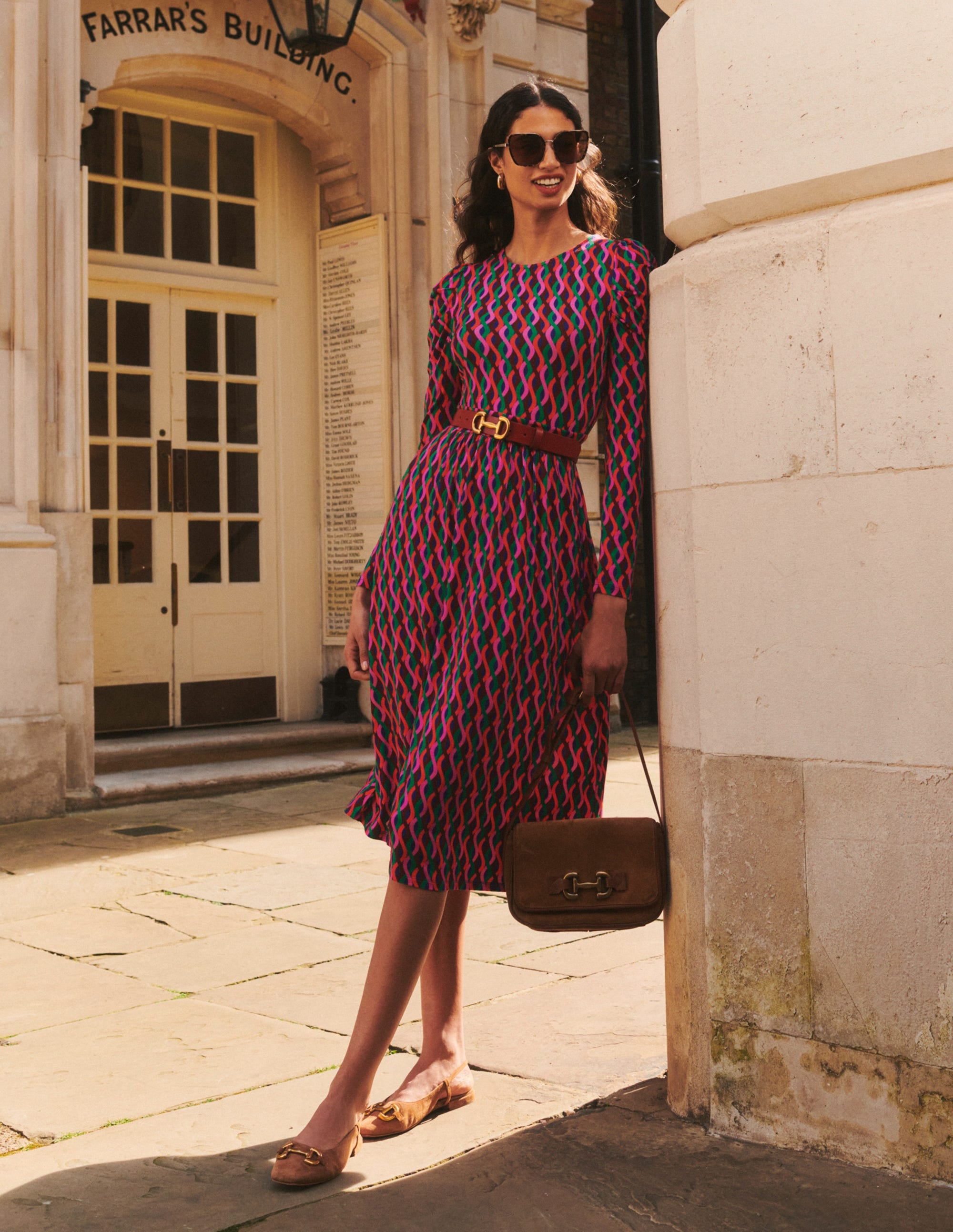 Puff Sleeve Blouson Dress-Pink, Trellis Wave - Image 5