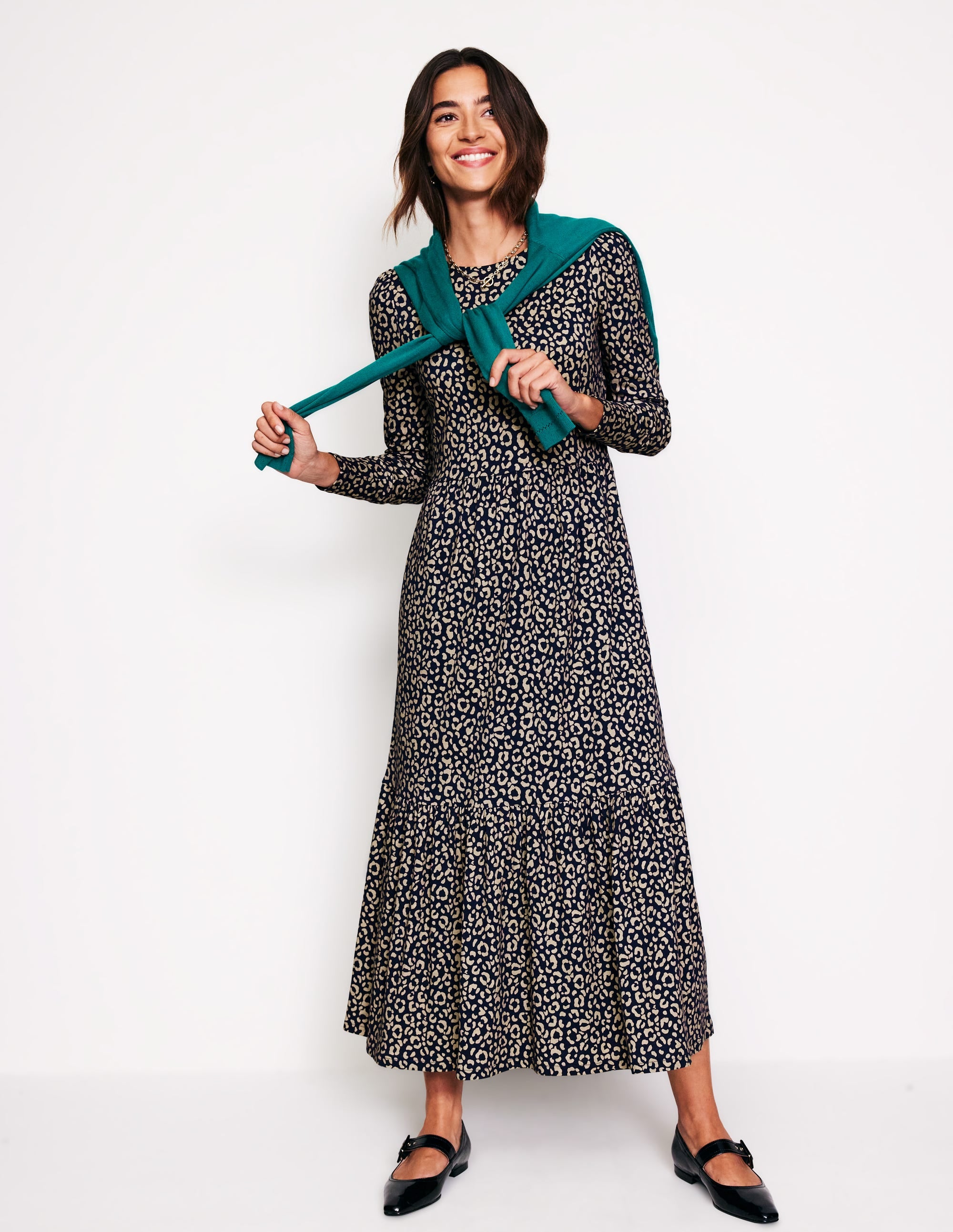 Emma Long Sleeve Jersey Dress-Macadamia, Animal Stamp - Image 1
