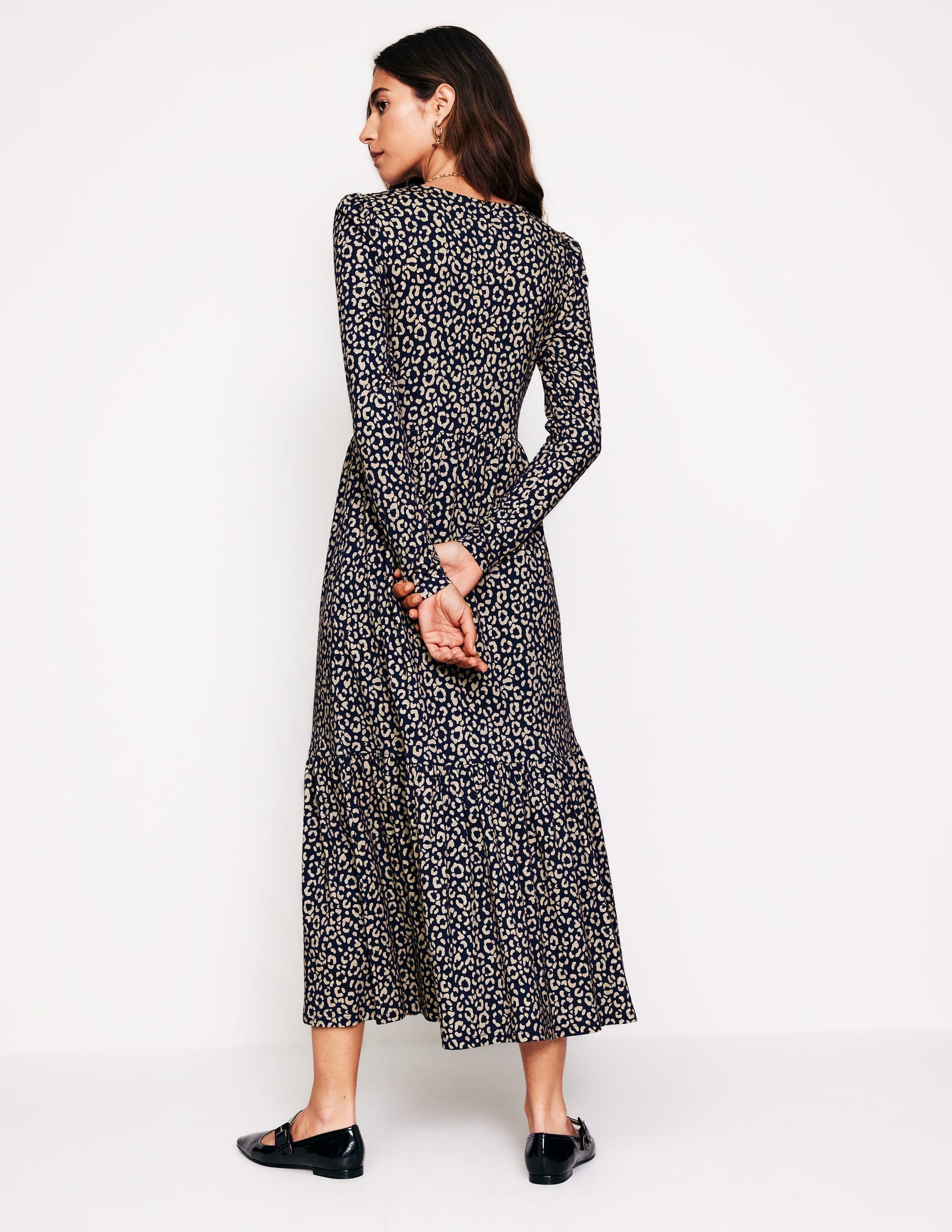 Emma Long Sleeve Jersey Dress-Macadamia, Animal Stamp-3