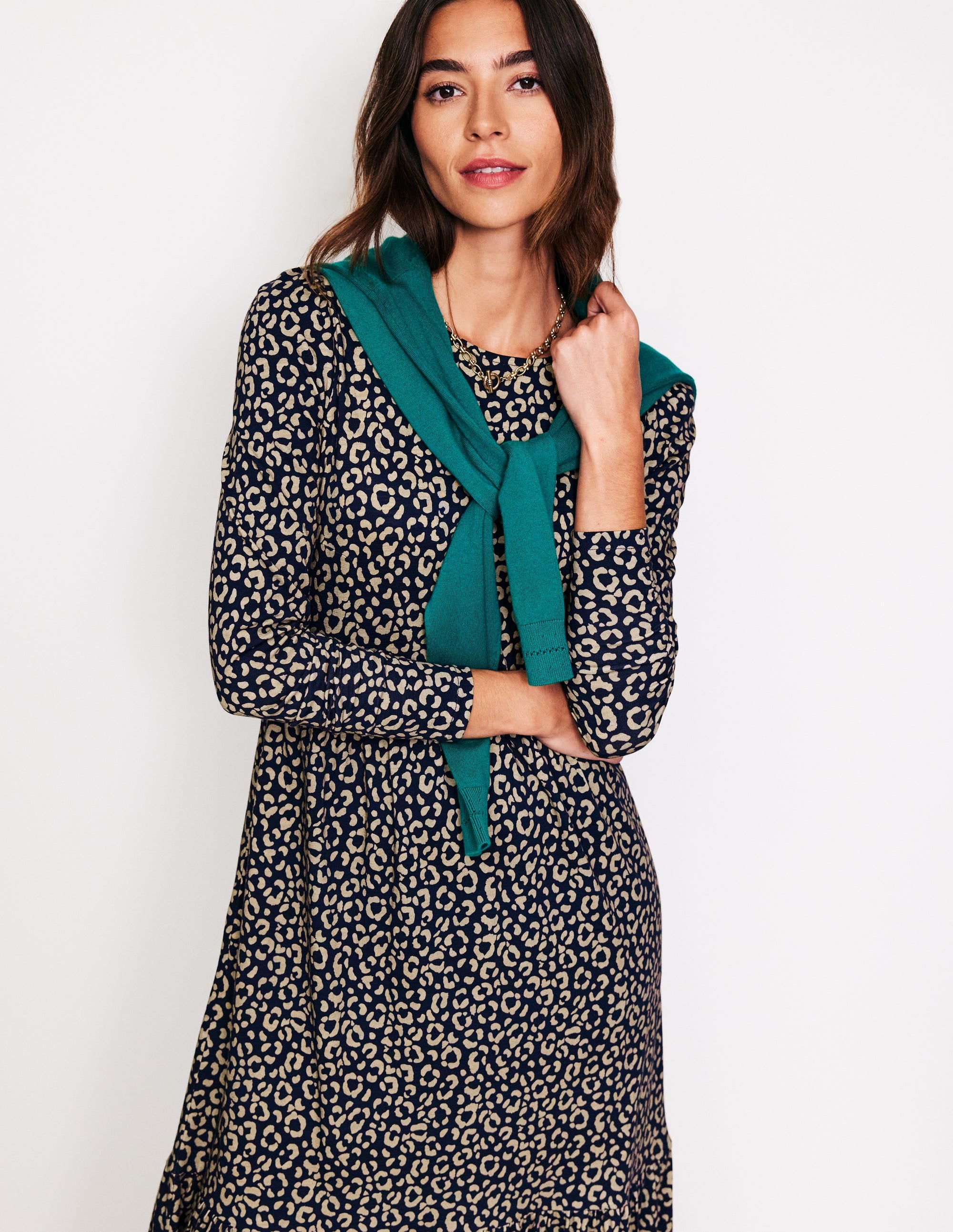 Emma Long Sleeve Jersey Dress-Macadamia, Animal Stamp - Image 4
