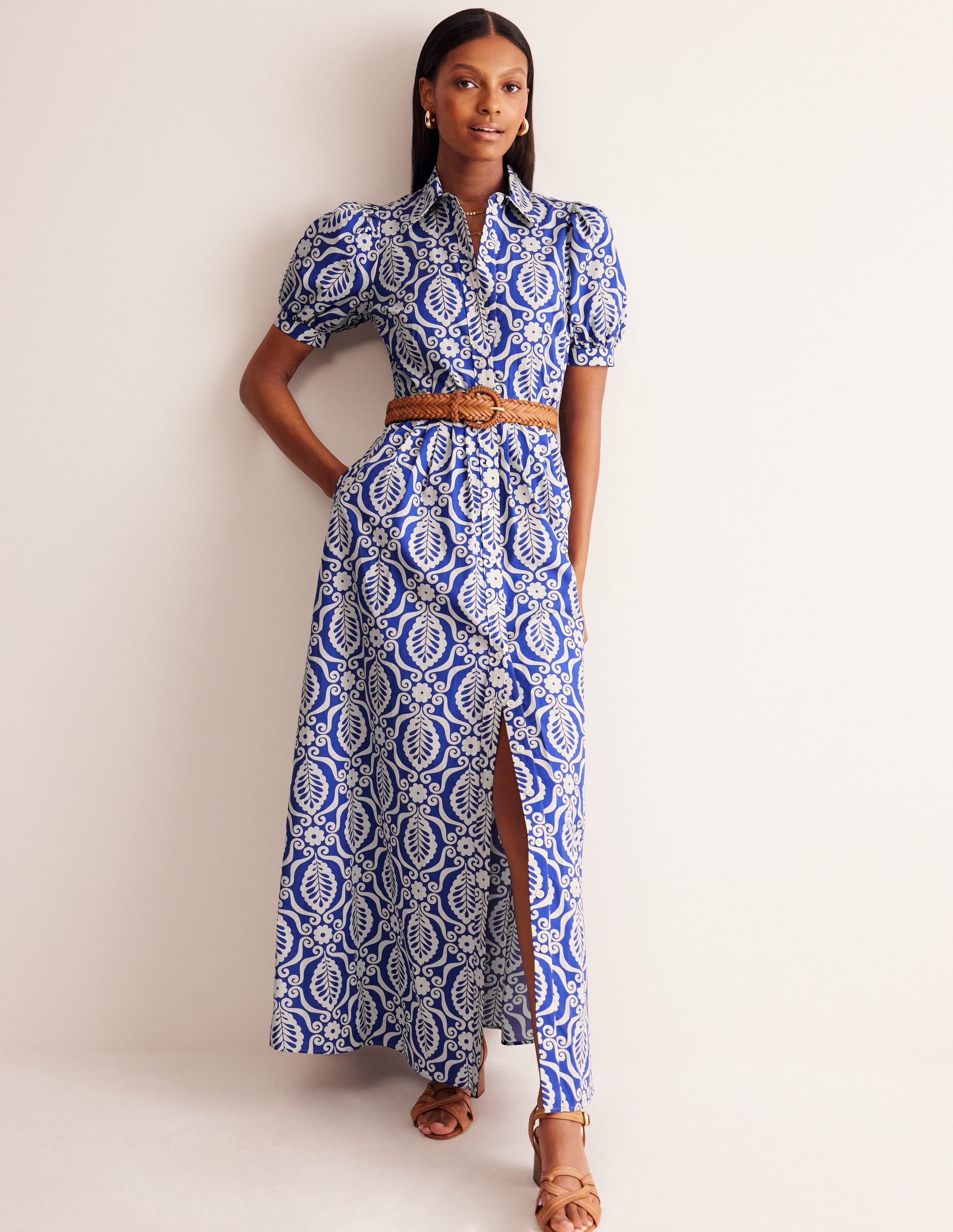 Alexa Maxi Shirt Dress-Mazarine Blue, Foliage Stamp - Image 1