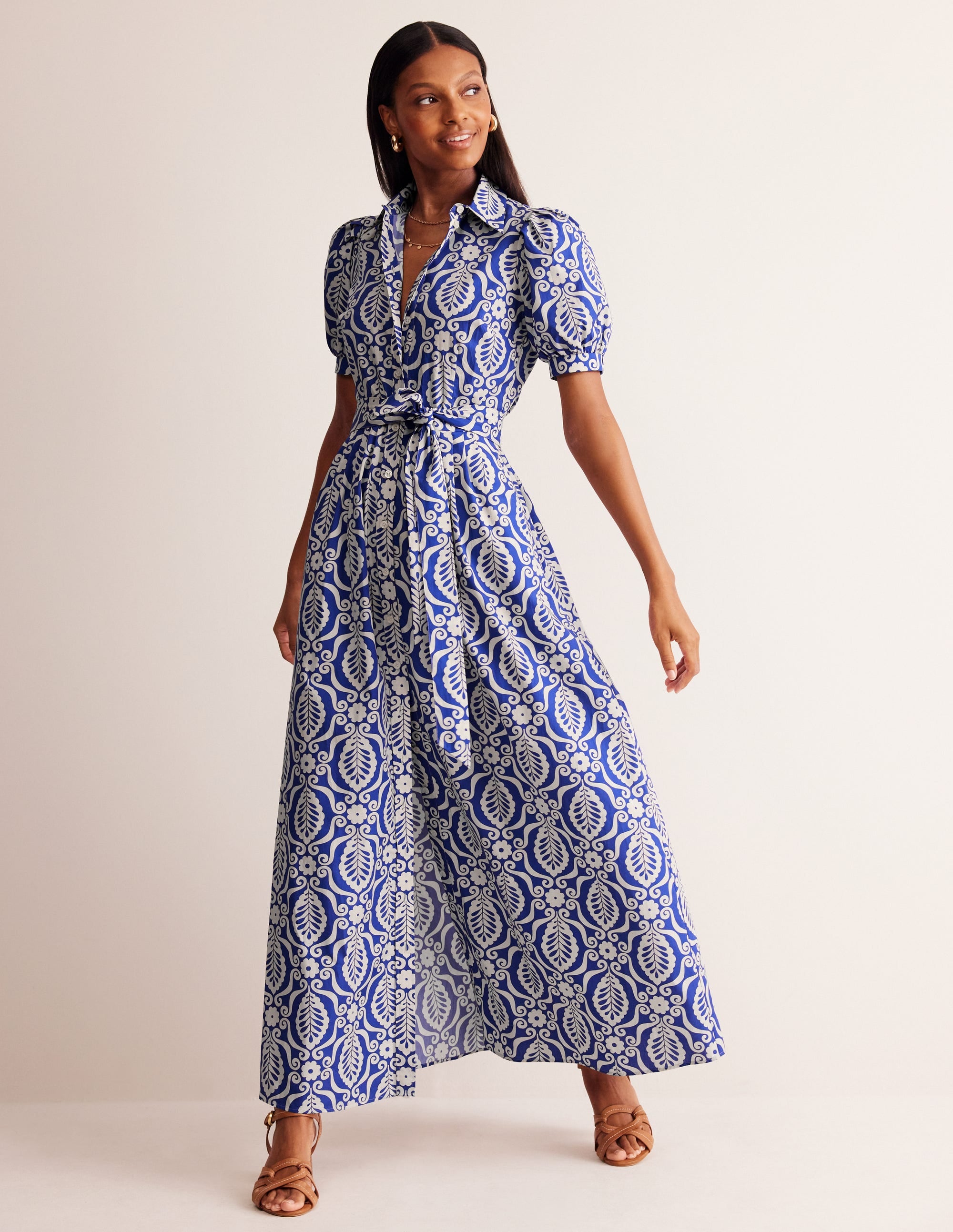 Alexa Maxi Shirt Dress-Mazarine Blue, Foliage Stamp - Image 4
