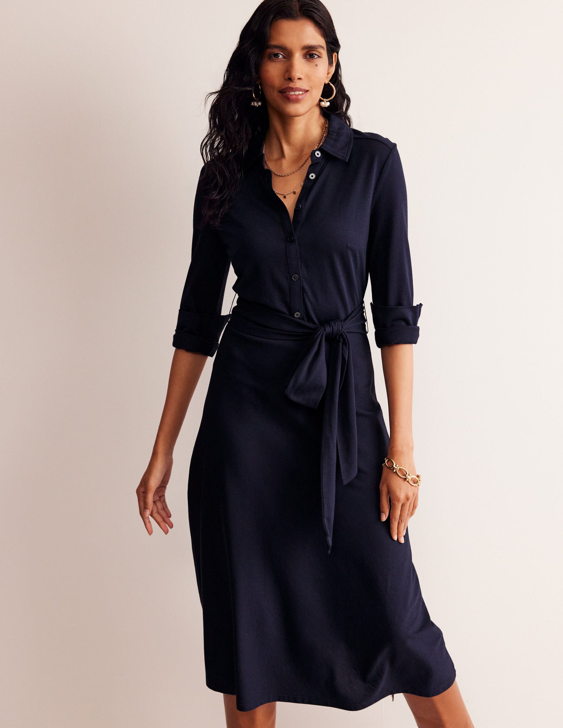 Laura Jersey Midi Shirt Dress-Navy-1