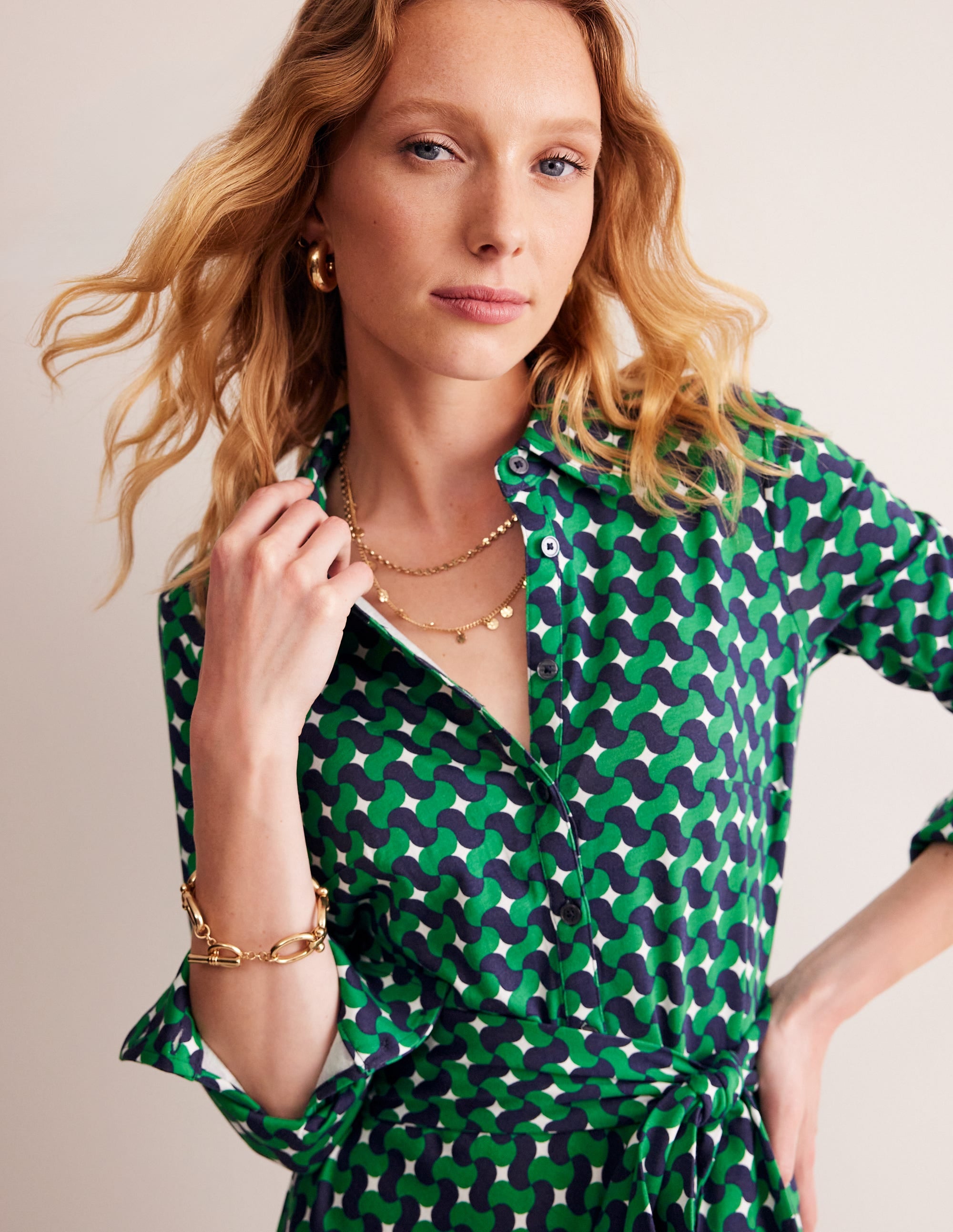 Laura Jersey Midi Shirt Dress-Rich Emerald, Terrace Swirl - Image 1