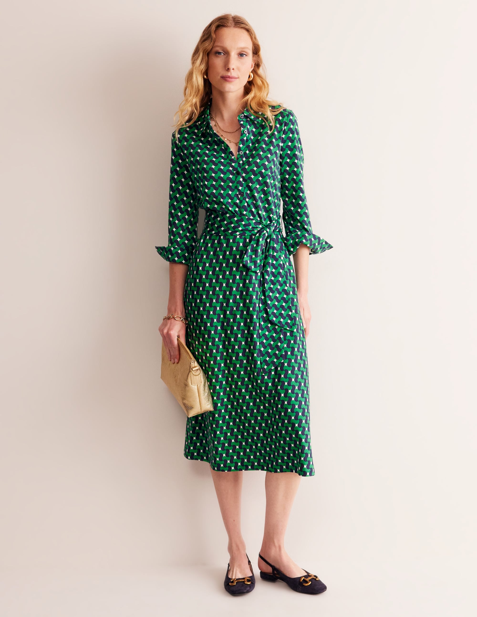 Laura Jersey Midi Shirt Dress-Rich Emerald, Terrace Swirl - Image 2