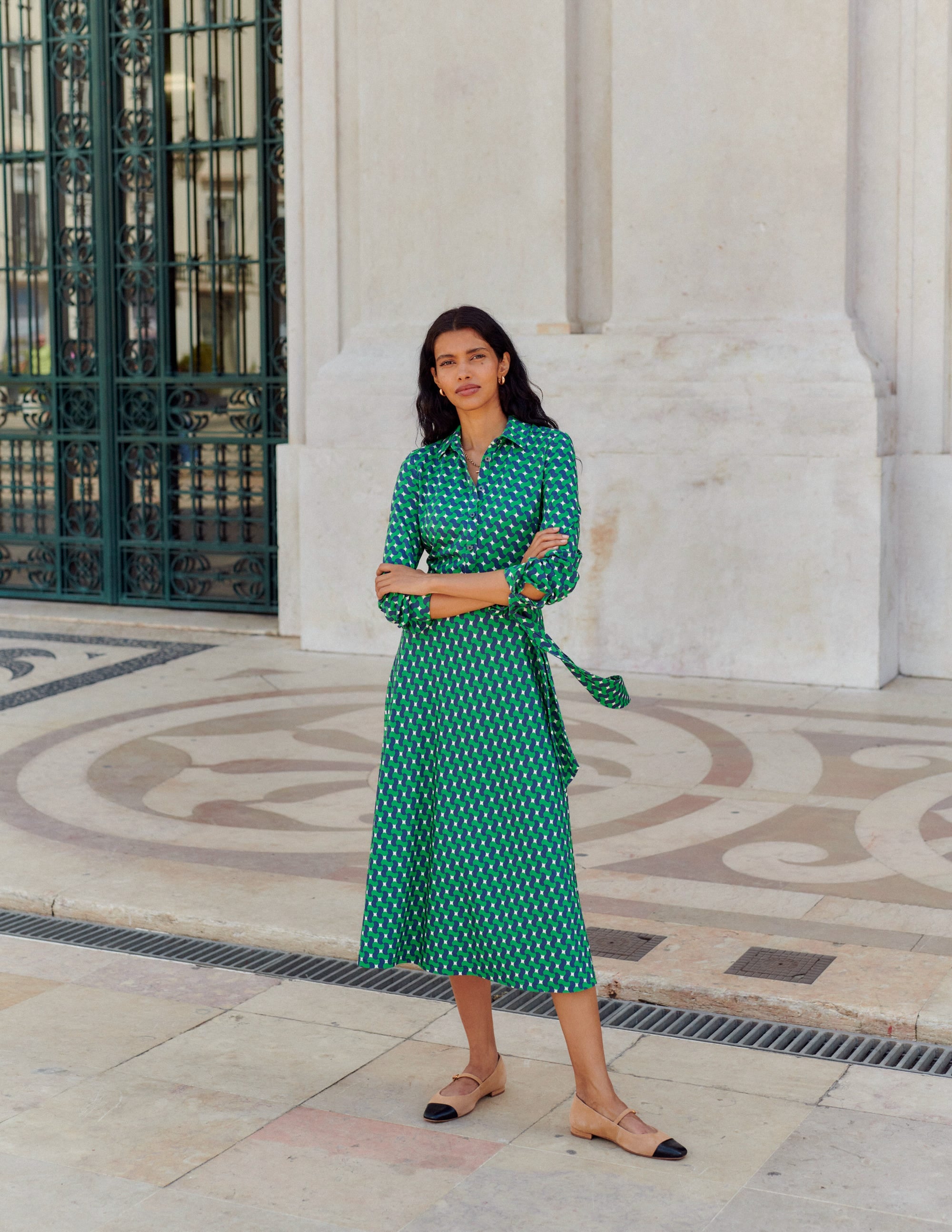 Laura Jersey Midi Shirt Dress-Rich Emerald, Terrace Swirl - Image 5