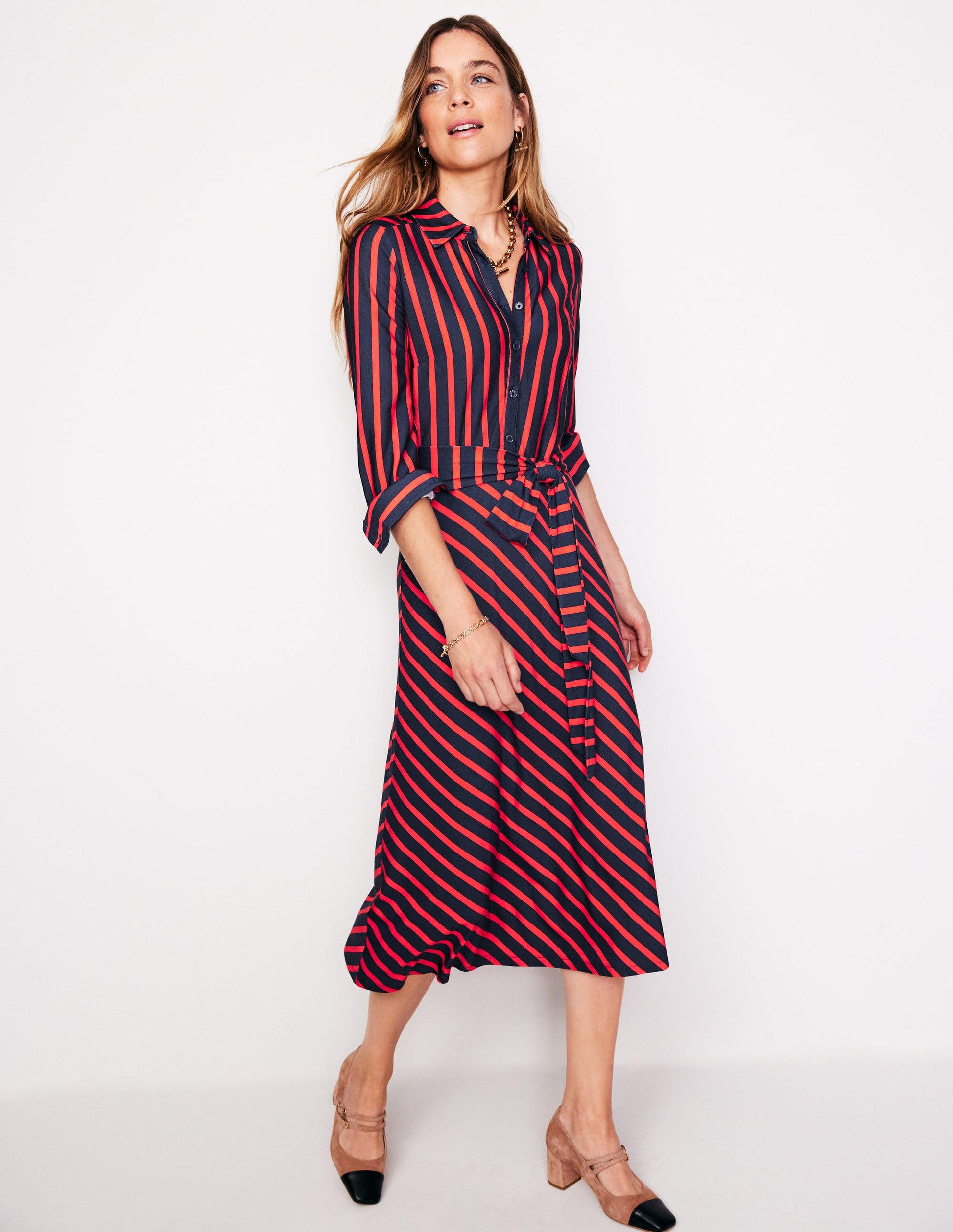 Laura Jersey Midi Shirt Dress-Navy, Rouge Stripe | Boden AU Laura Jersey Midi Shirt Dress-Navy, Rouge Stripe | Boden AU