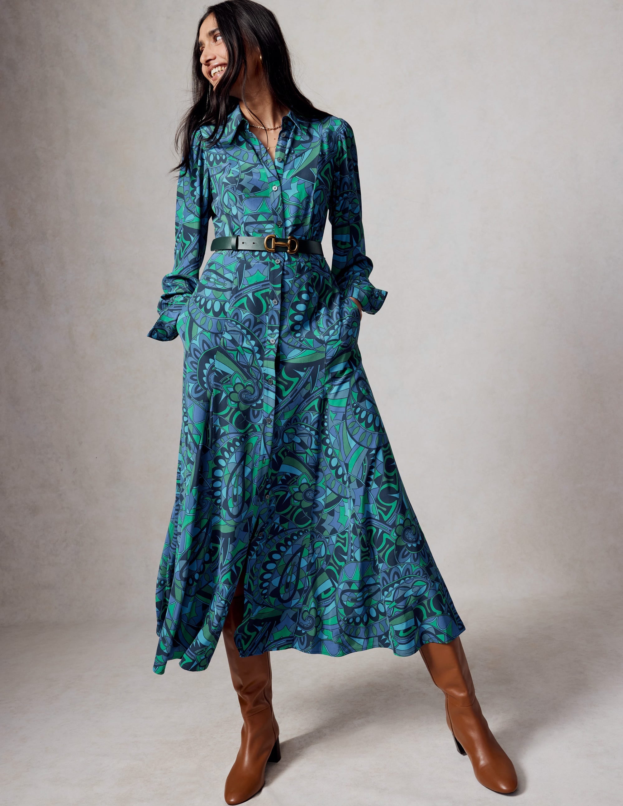 Martha Godet Maxi Shirt Dress-Blue, Kaleidoscopic Paisley - Image 6