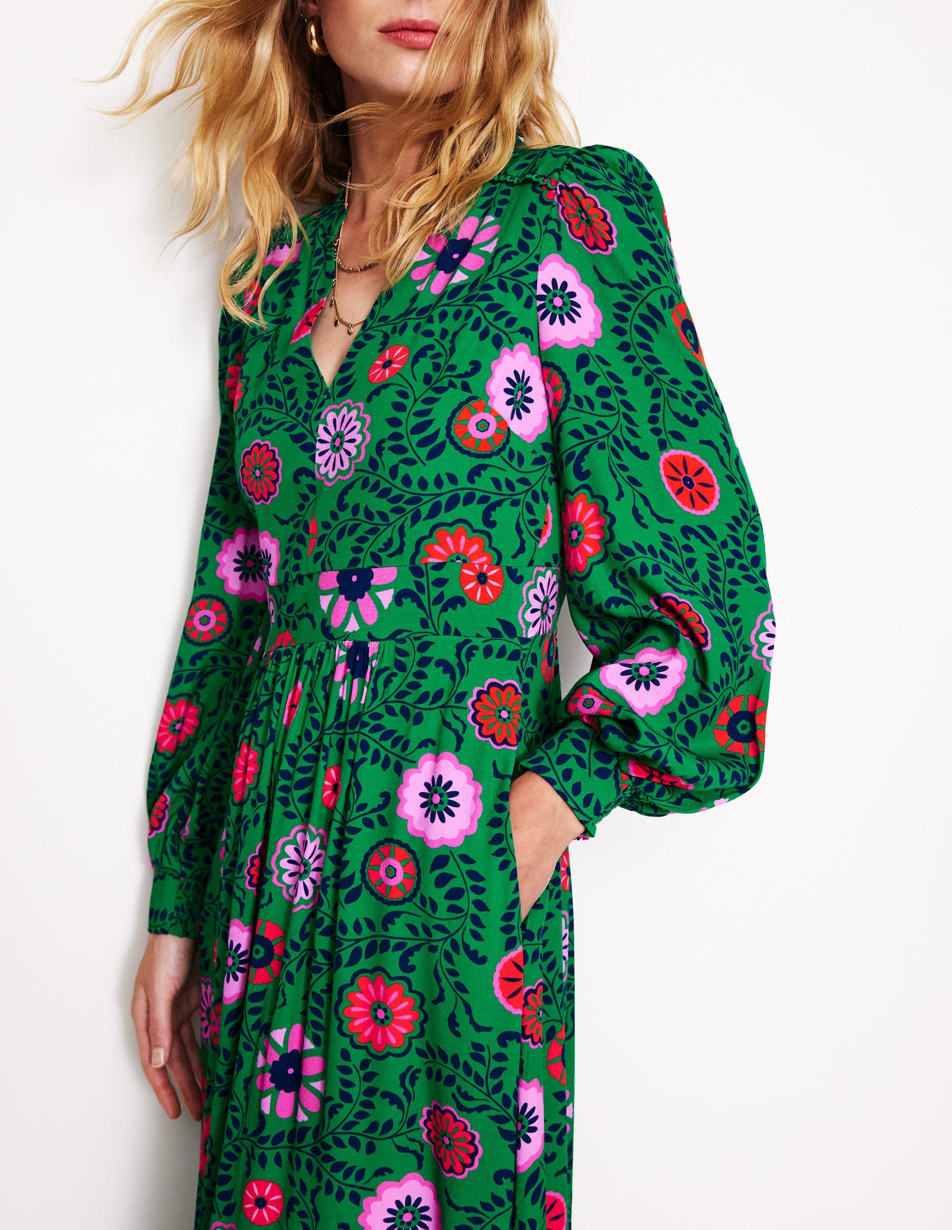 Zoe Trim Detail Midi Dress-Rich Emerald, Meadow Vine-3