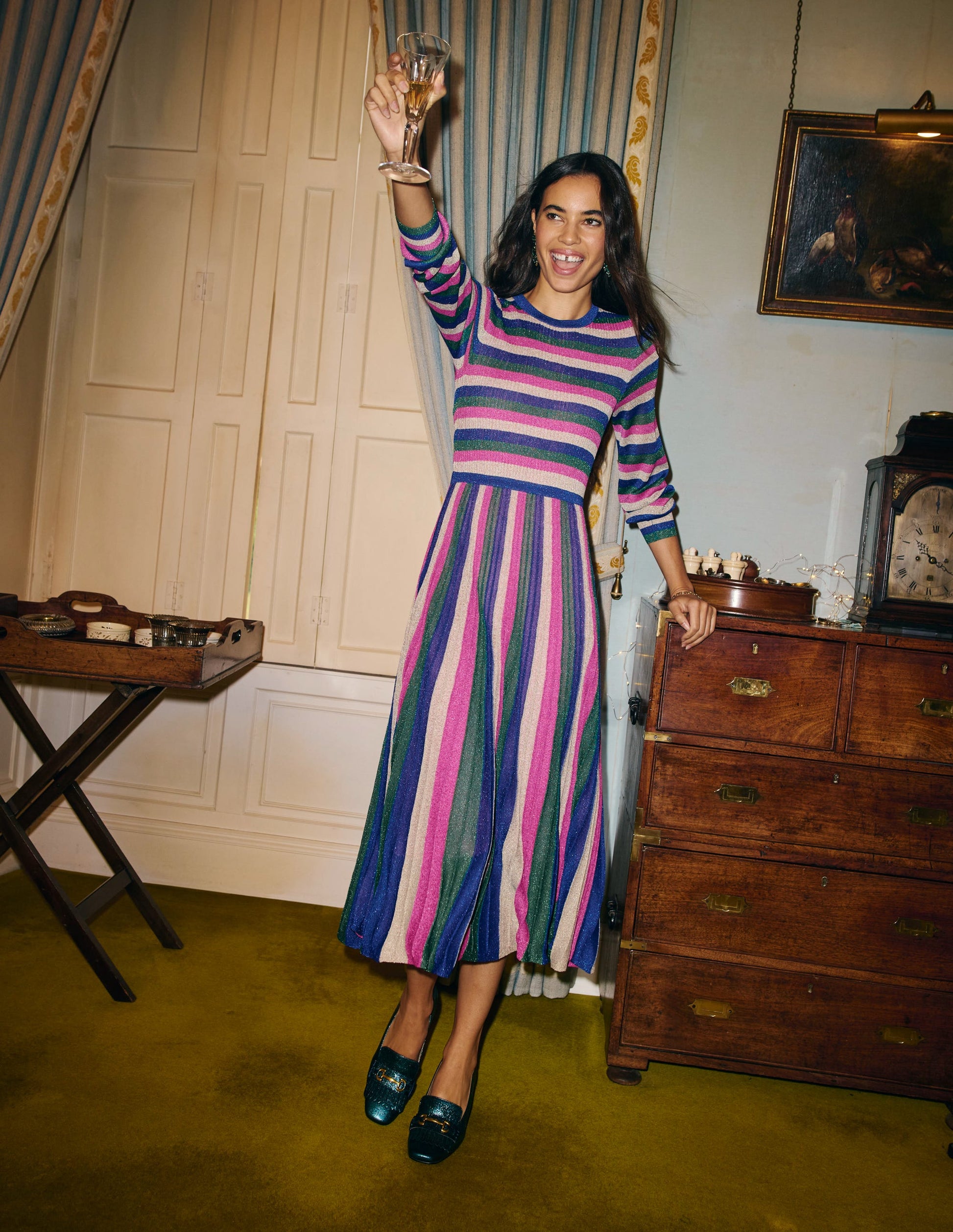 Ribbed Metallic Party Dress-Pink, Green and Gold Stripe | Boden AU Ribbed Metallic Party Dress-Pink, Green and Gold Stripe | Boden AU