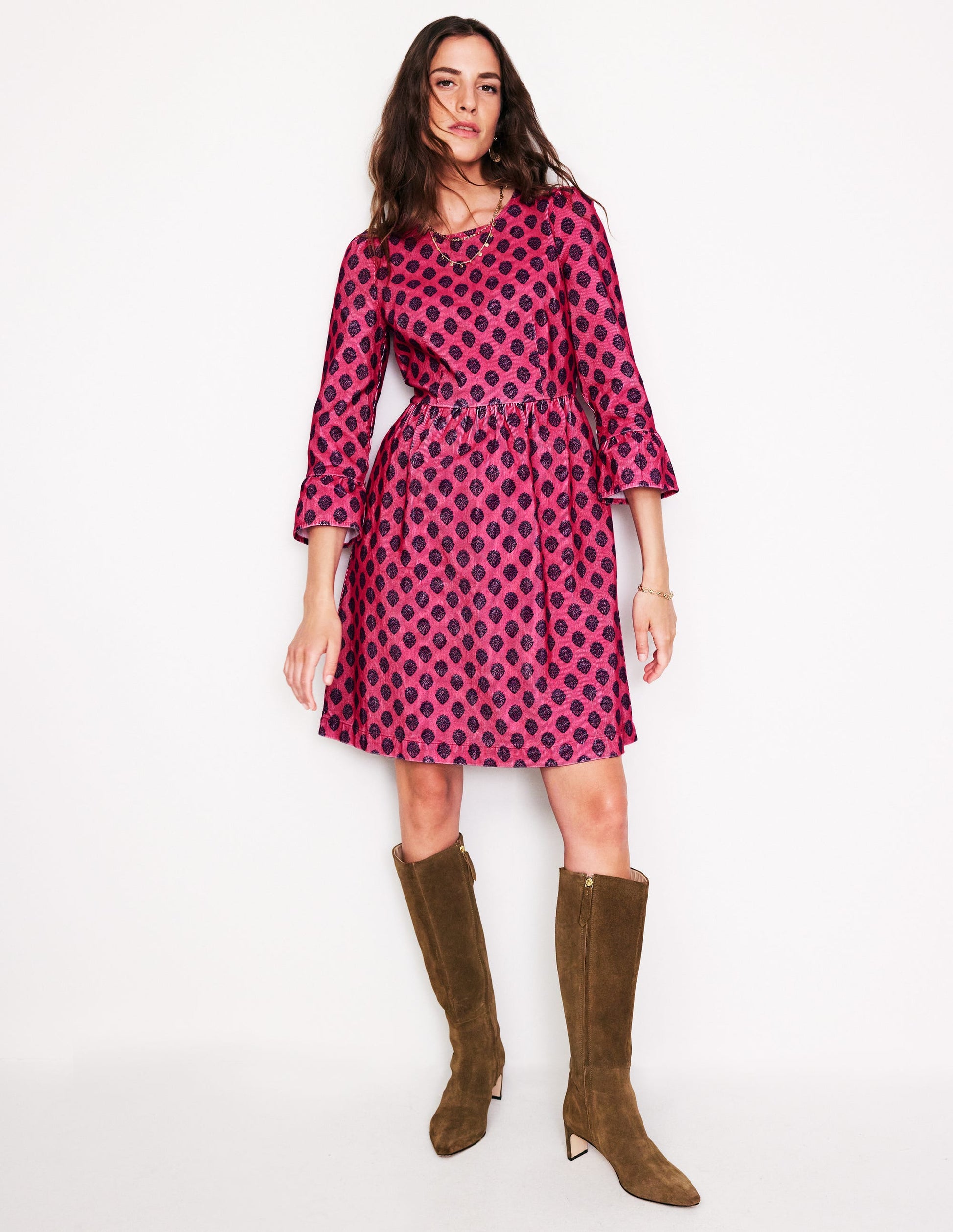 Ora Short Cord Dress-Cherry Jam, Ornate Stamp-1