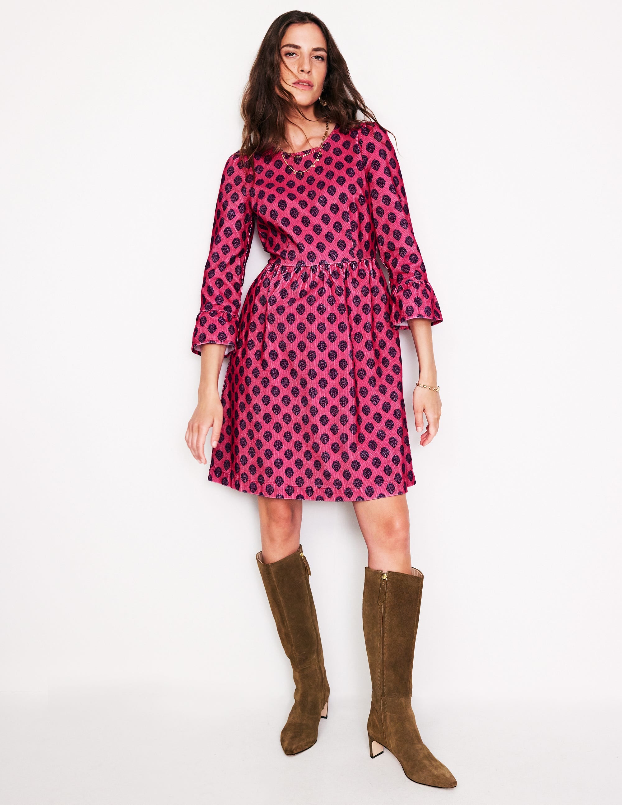 Ora Short Cord Dress-Cherry Jam, Ornate Stamp - Image 1