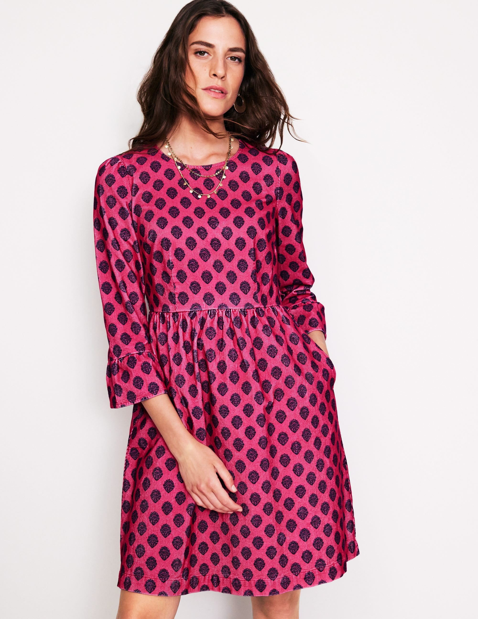 Ora Short Cord Dress-Cherry Jam, Ornate Stamp - Image 4