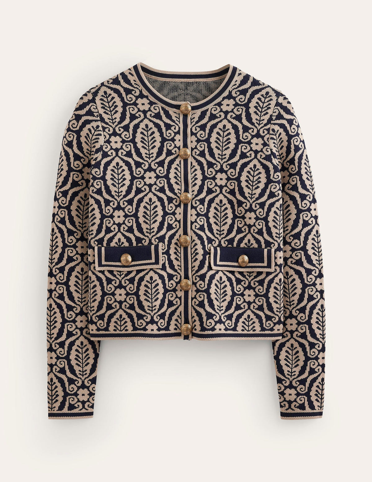 Holly Knitted Jacket-Navy, Camel Foliage Stamp - Image 6