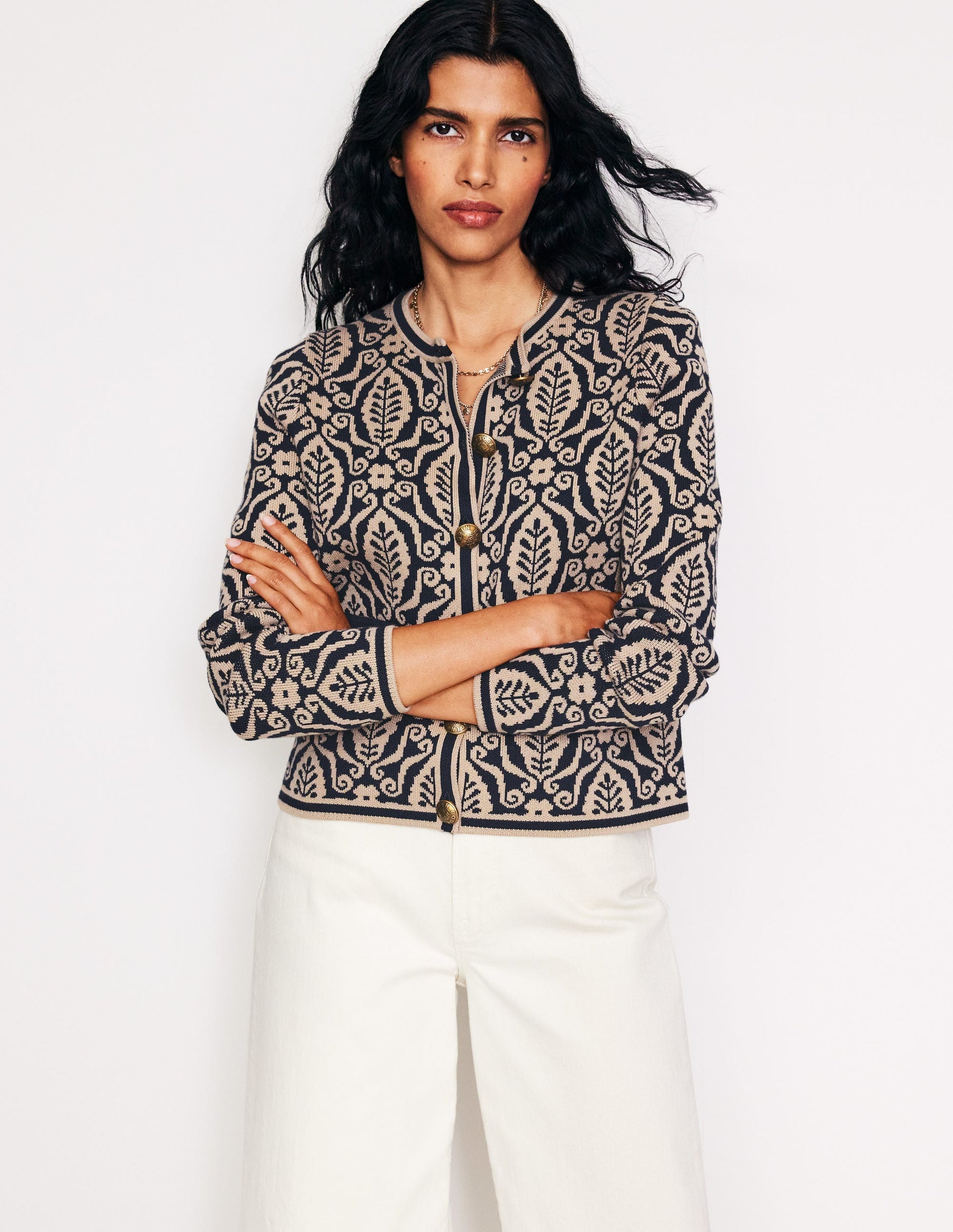 Holly Knitted Jacket-Navy, Camel Foliage Stamp-1