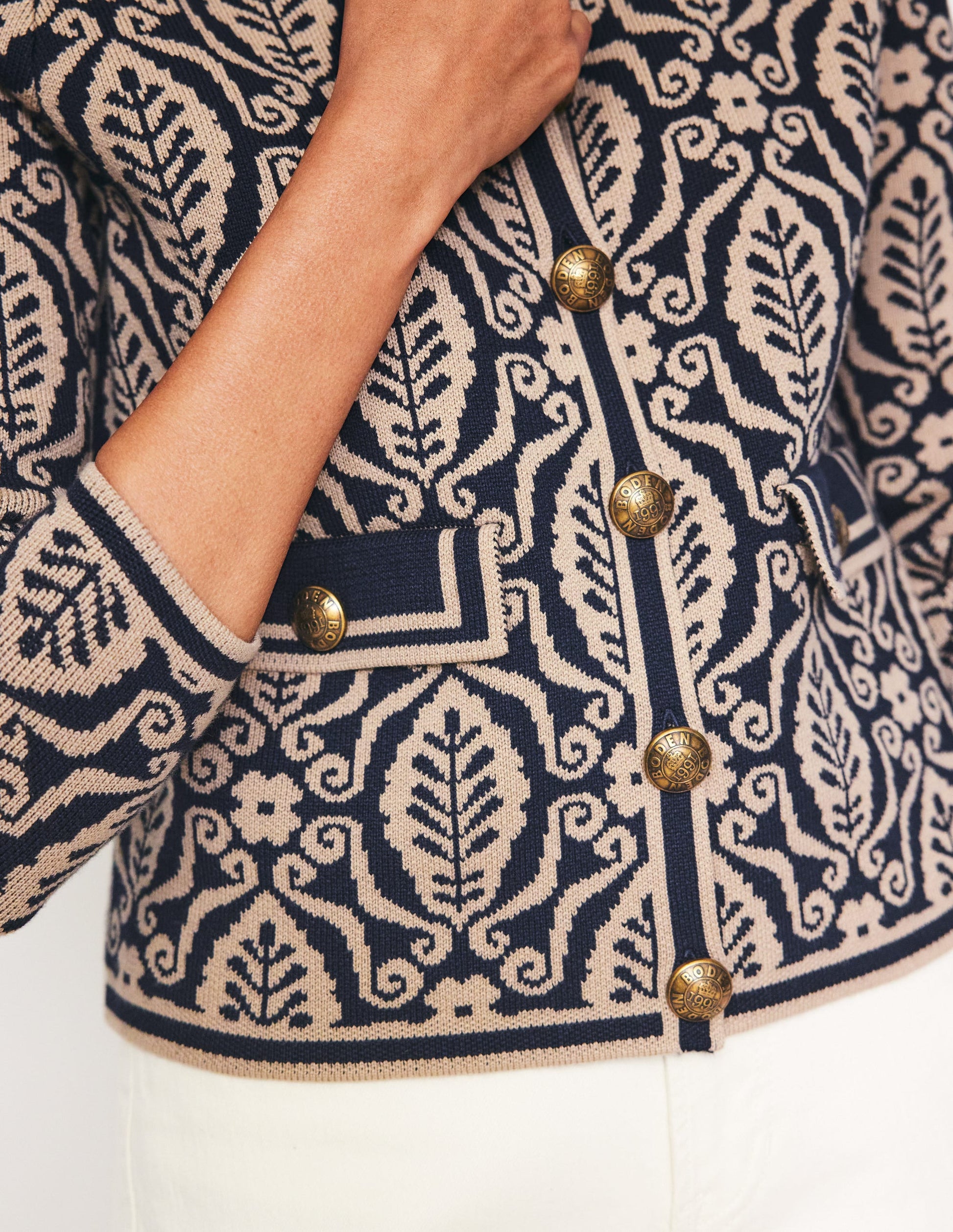 Holly Knitted Jacket-Navy, Camel Foliage Stamp-2