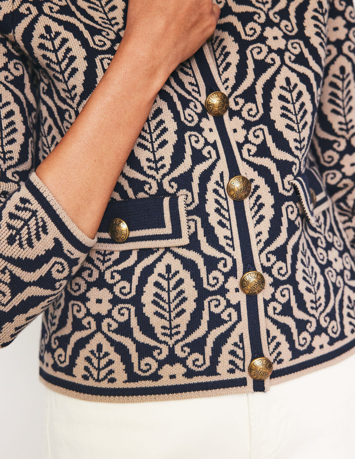 Holly Knitted Jacket-Navy, Camel Foliage Stamp - Image 2