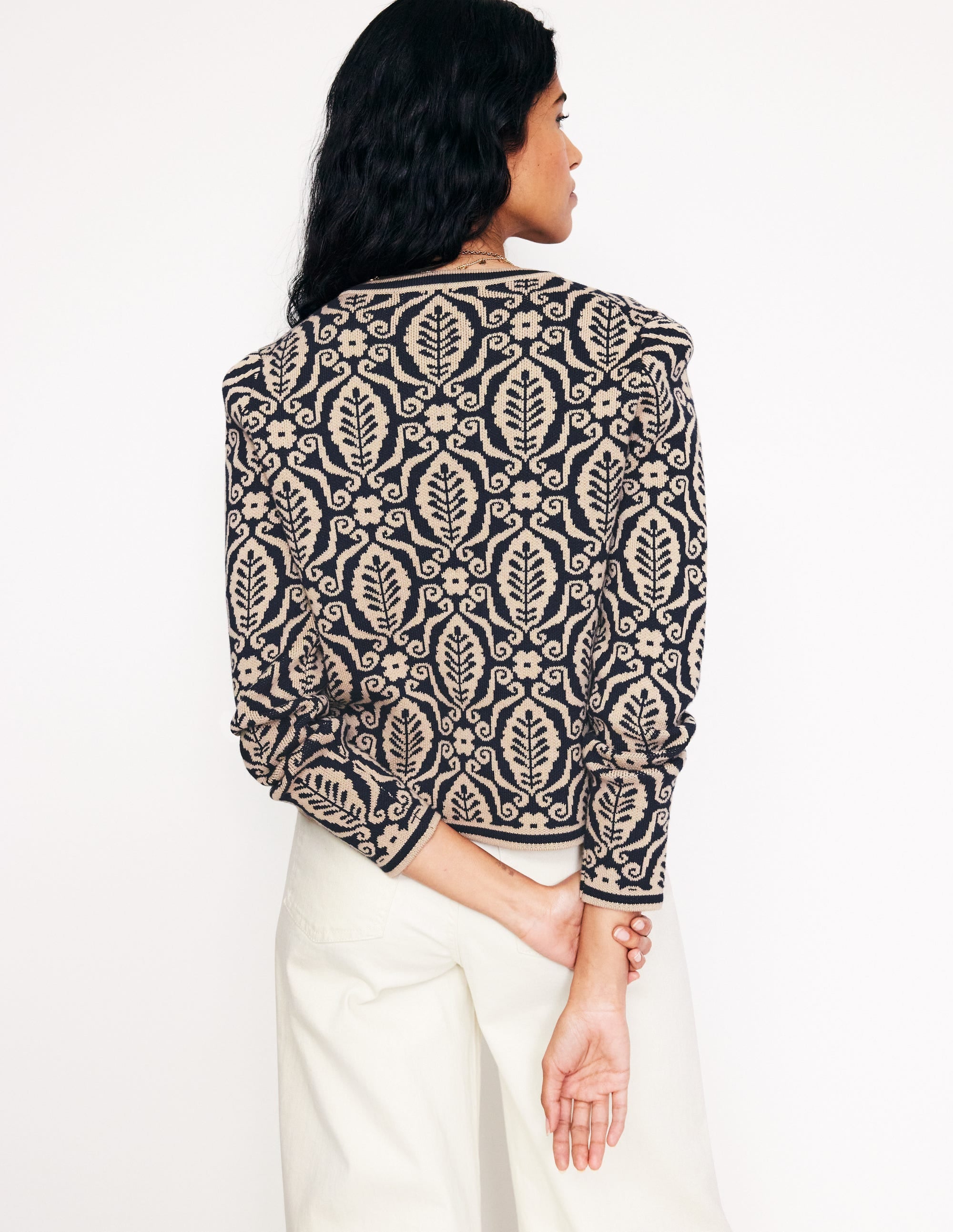 Holly Knitted Jacket-Navy, Camel Foliage Stamp - Image 3