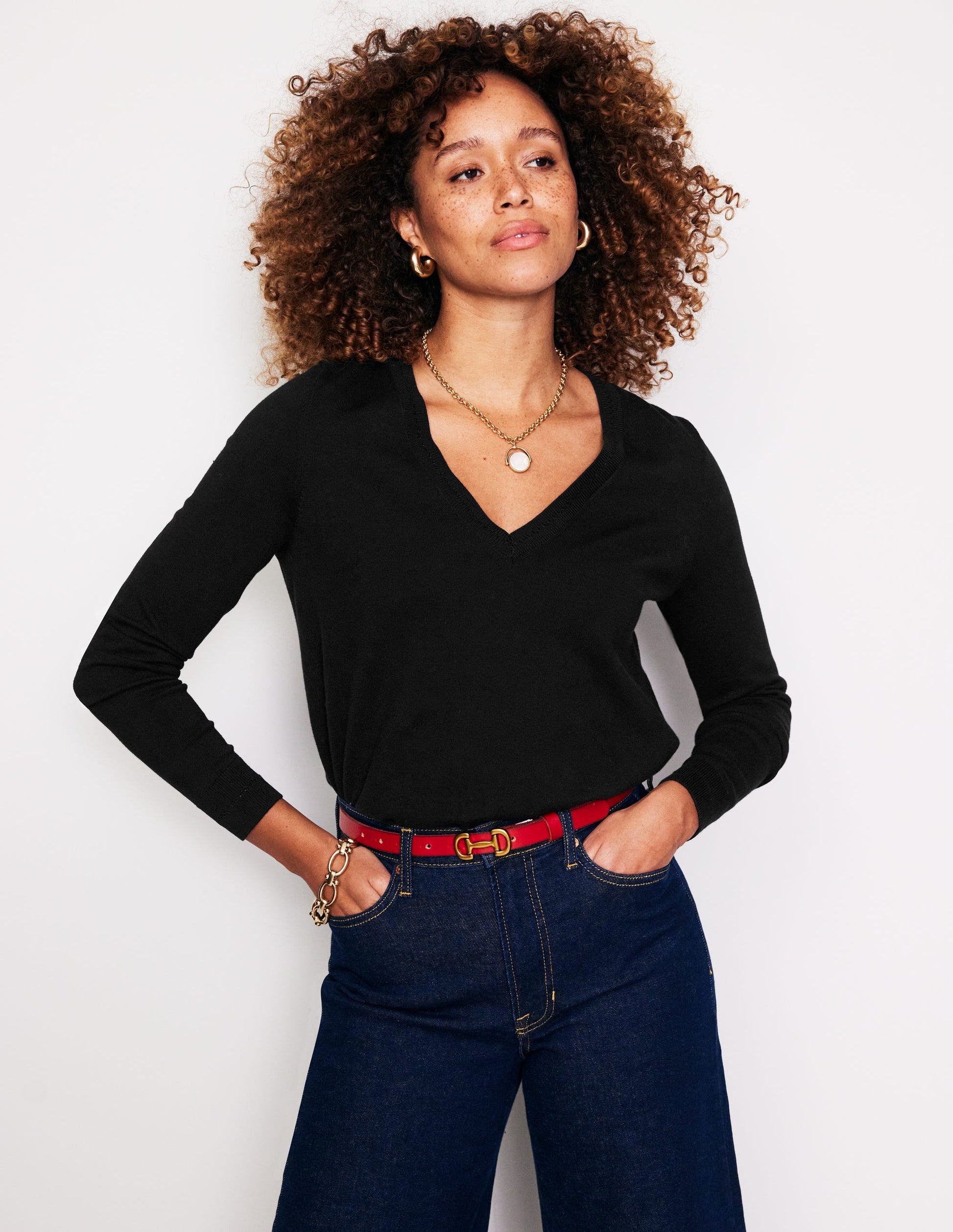 Catriona Cotton V-Neck Jumper-Black-1