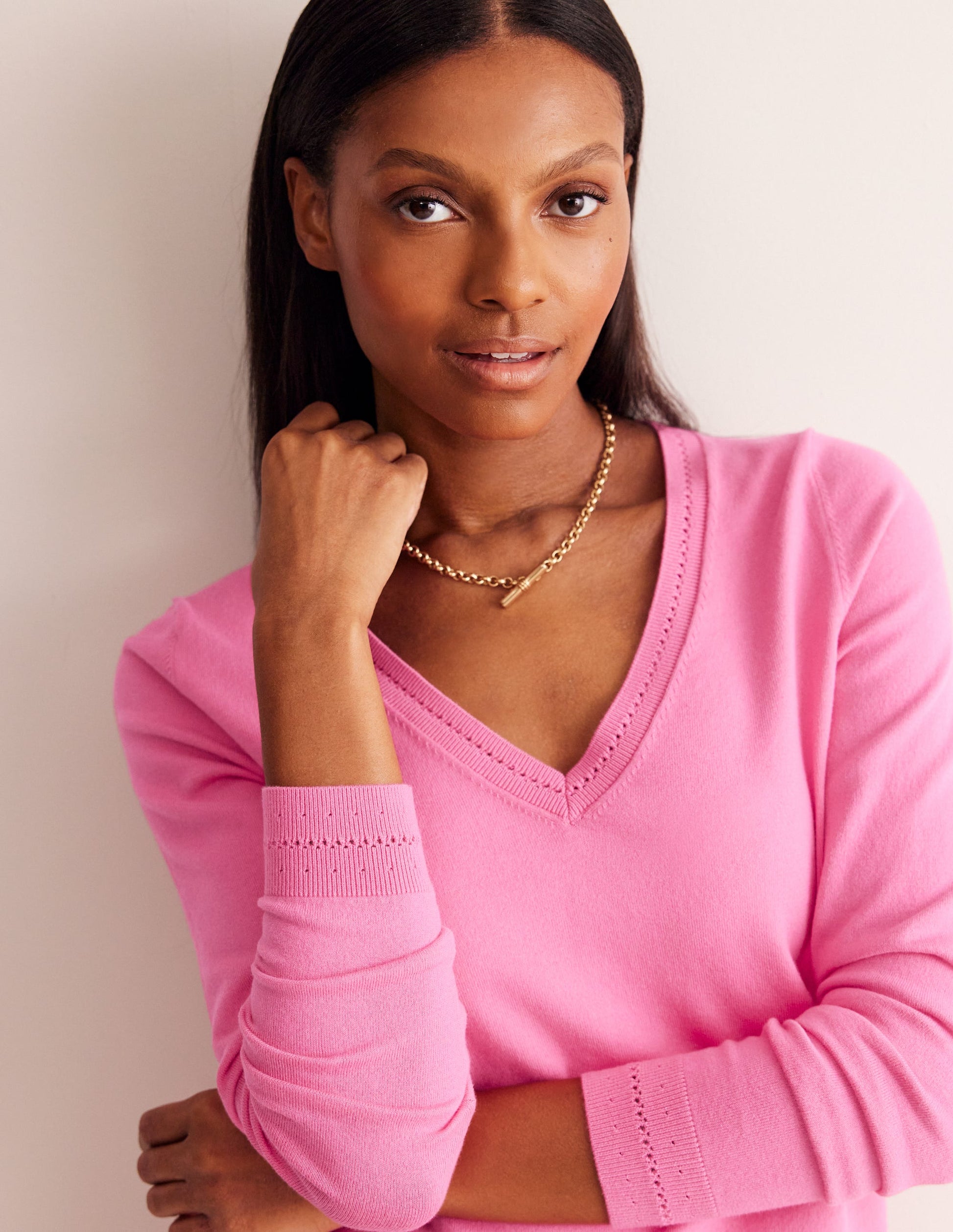 Catriona Cotton V-Neck Jumper-Carmine Rose Pink-1