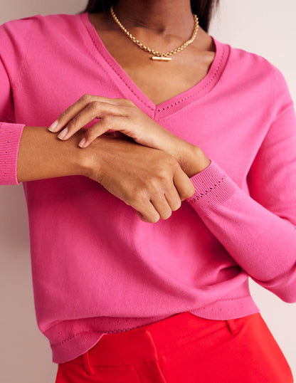 Catriona Cotton V-Neck Jumper-Carmine Rose Pink-2