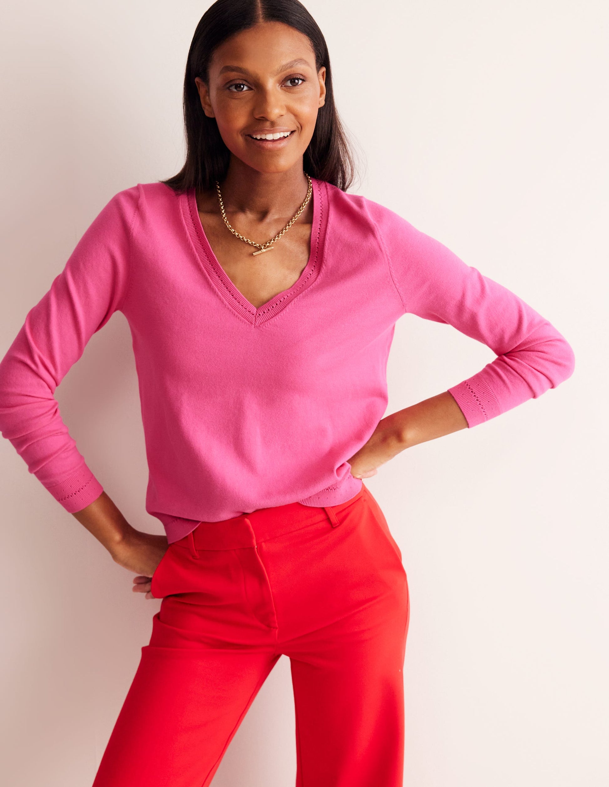 Catriona Cotton V-Neck Jumper-Carmine Rose Pink-4