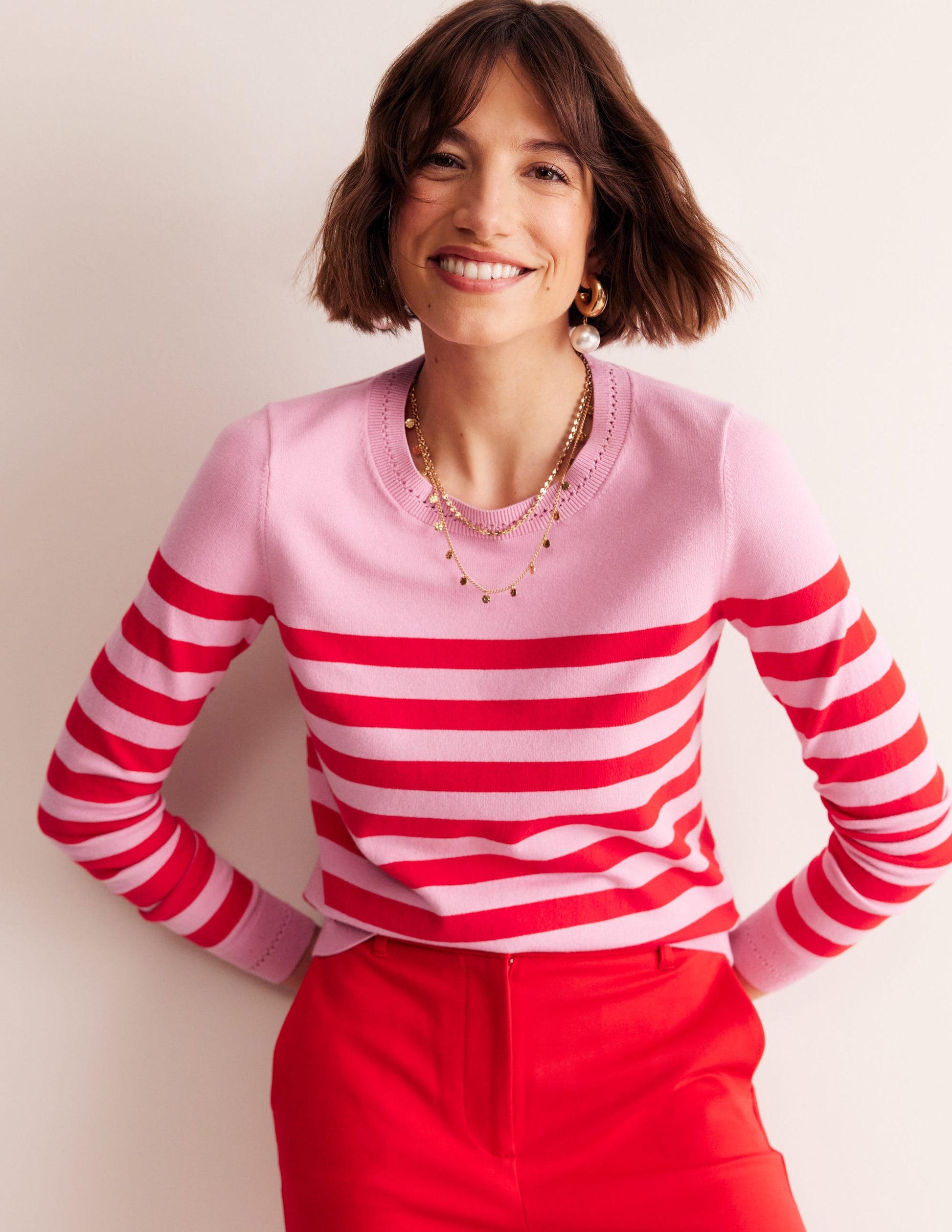 Catriona Cotton Crew Jumper-Old Rose Pink, Rouge Red-1
