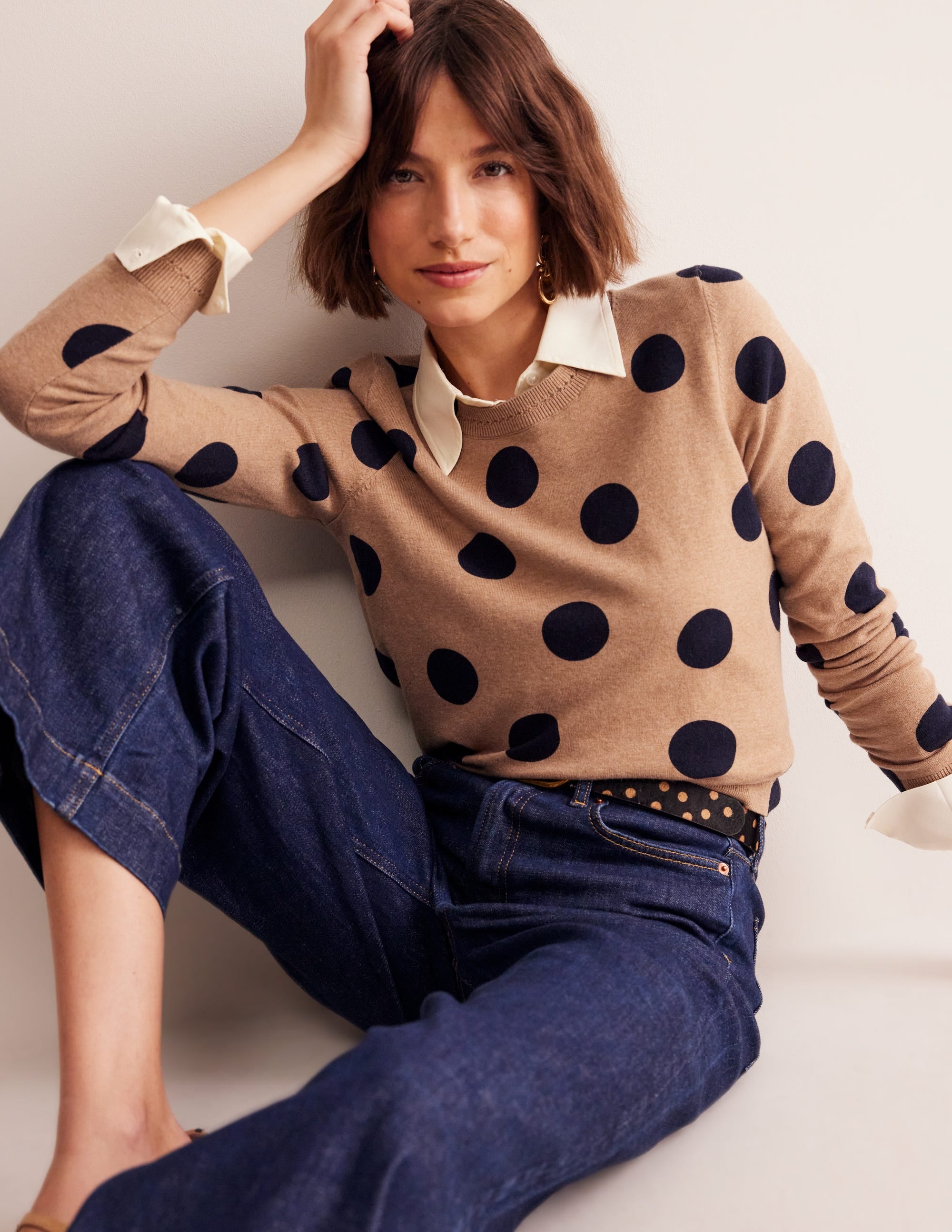 Catriona Cotton Crew Jumper-Camel Melange, Abstract Dot - Image 1